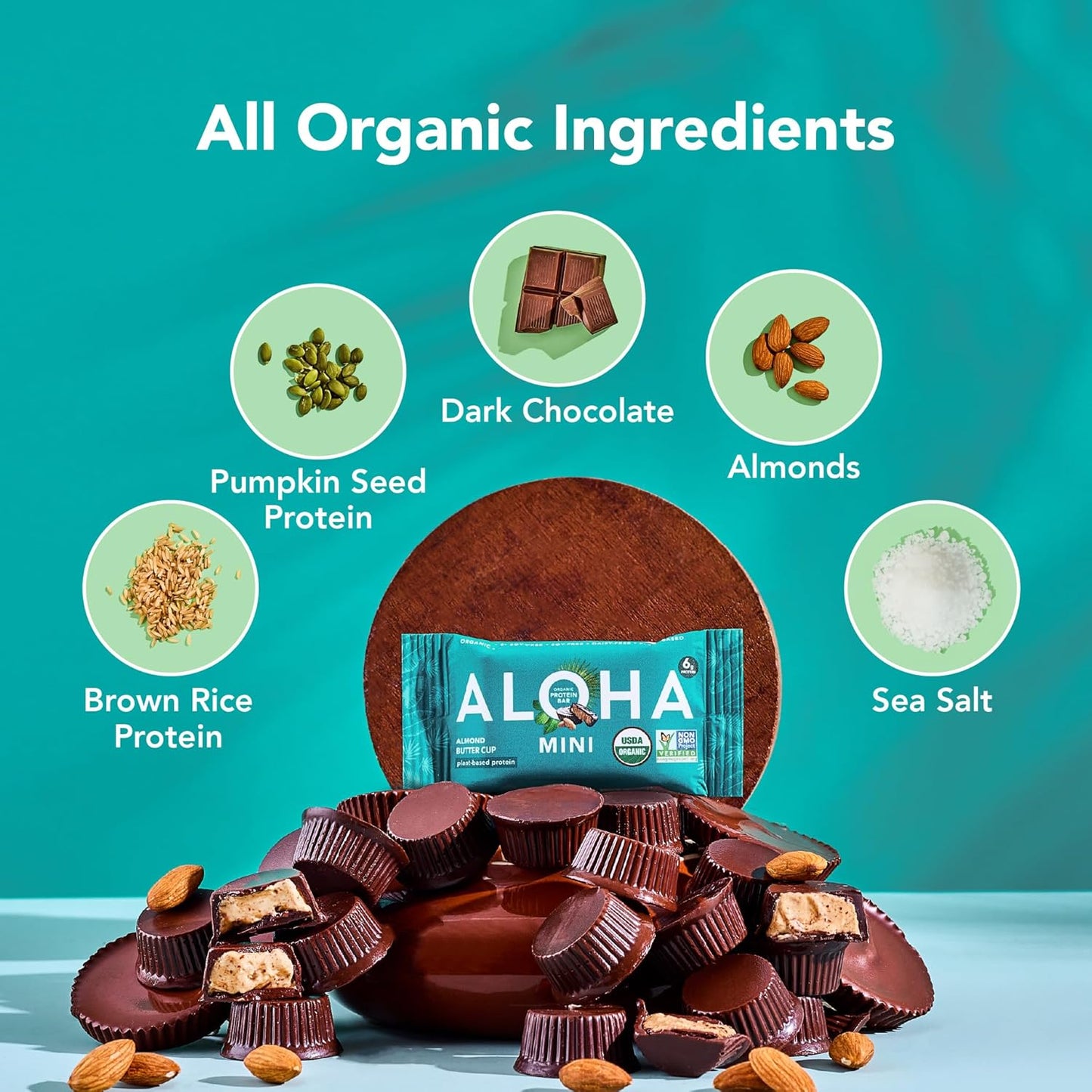 ALOHA Organic Plant Based Protein Bar MINIS | Almond Butter Cup | 20 Count, 24g Bars | Vegan, Low Sugar, Gluten Free, Low Carb, Non-GMO, Stevia Free, Soy Free, No Sugar Alcohols