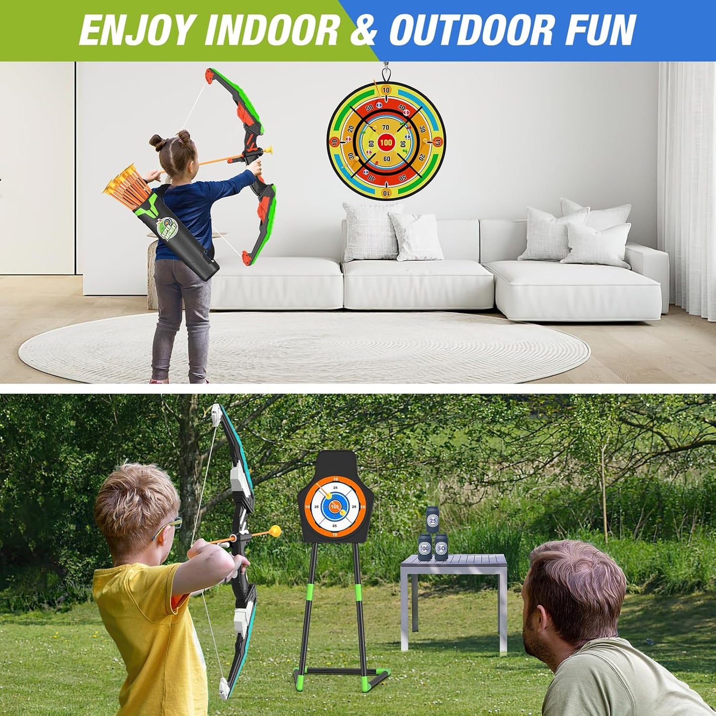 2 Pack Kids Bow and Arrow with 29" Large Dart Board, LED Light Up Archery Set with 24 Suction Cup Arrows, Indoor Outdoor Sport Toys Gifts for 3 4 5 6 7 8 9 10 11 12 Year Old Boys Girls