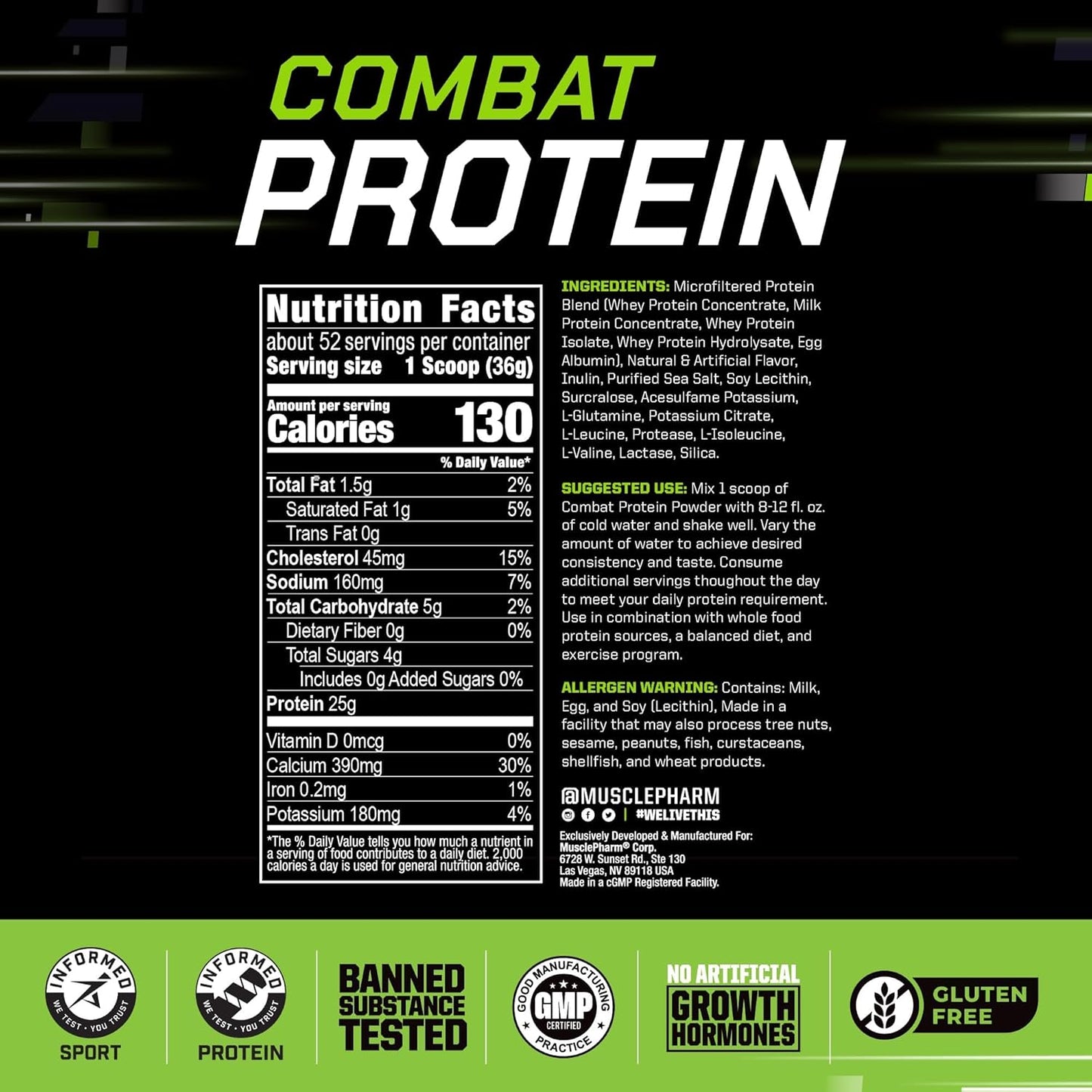 Muscle Pharm Combat Protein Powder, Horchata Flavor, Fuels Muscles for Productive Workouts, 5 Protein Sources Including Whey Protein Isolate & Egg Albumin, Gluten Free, 4 lb, 52 Servings