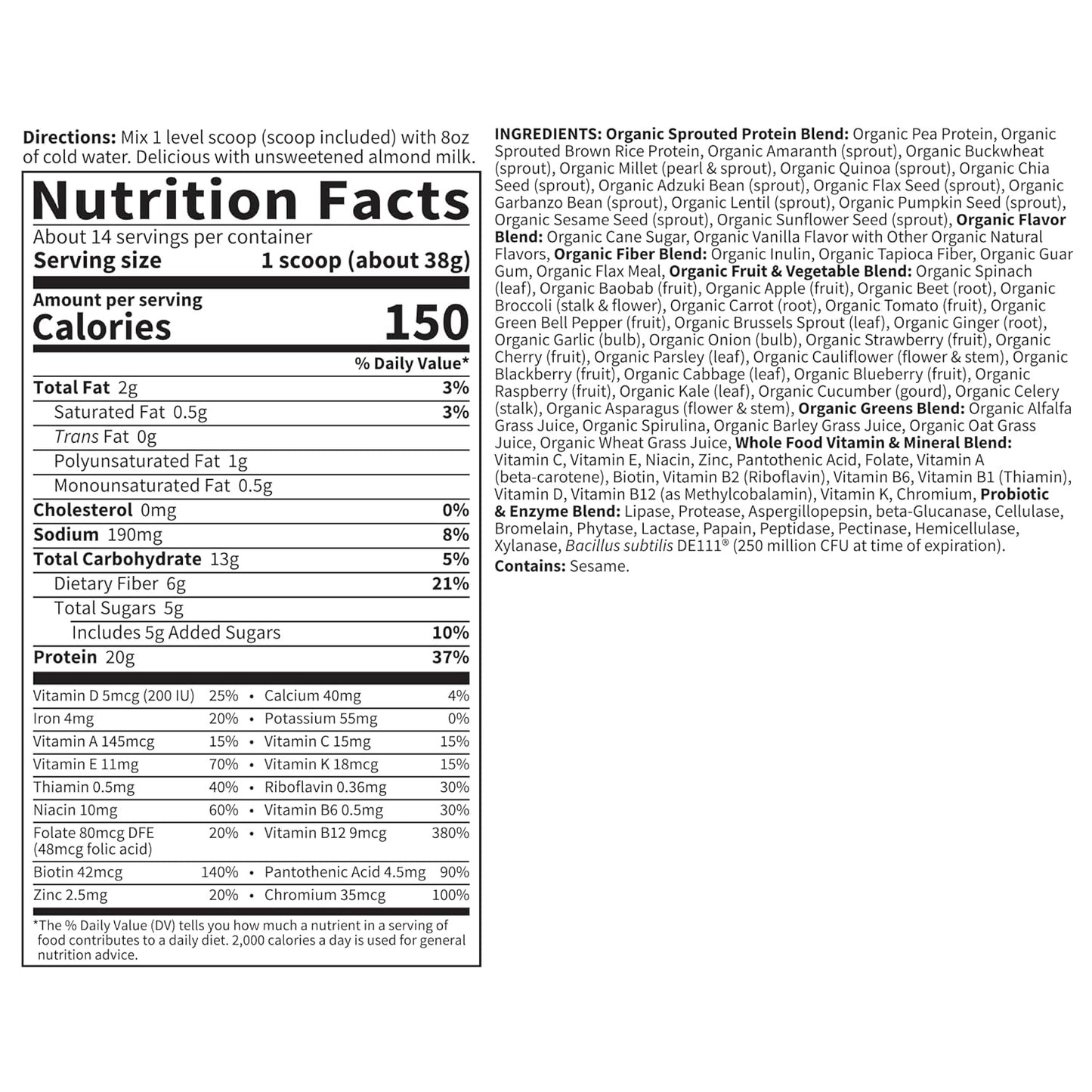 Garden of Life Meal Replacement Shakes, Vegan Protein Powder, Raw Organic Meal, Lightly Sweet Powder with Plant Based Pea Protein, Sprouts, Greens, Probiotics, Dairy Free 14 Servings