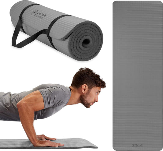 Gaiam Essentials Thick Yoga Mat Fitness & Exercise Mat with Easy-Cinch Yoga Mat Carrier Strap, 72"L x 24"W x 2/5 Inch Thick
