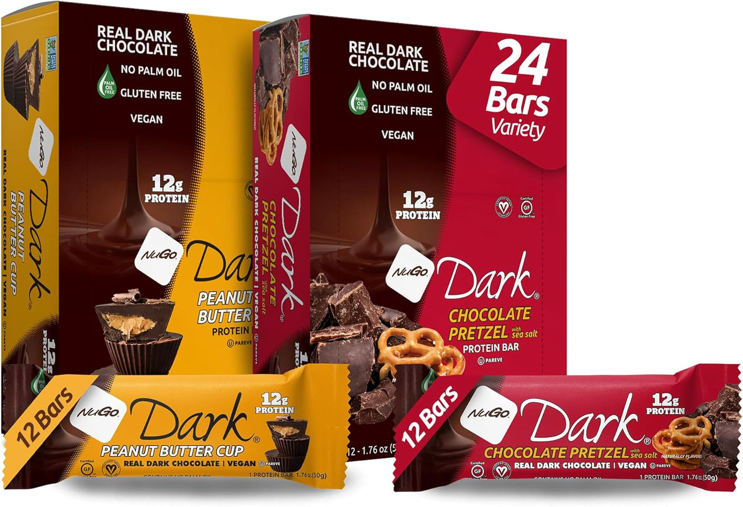NuGo Dark Variety - Pretzel with Sea Salt 12 Bars & Peanut Butter Cup 12 Bars, 12g Protein Bar, Vegan, Gluten Free, Non-GMO, Kosher Pareve, 24 Count Variety