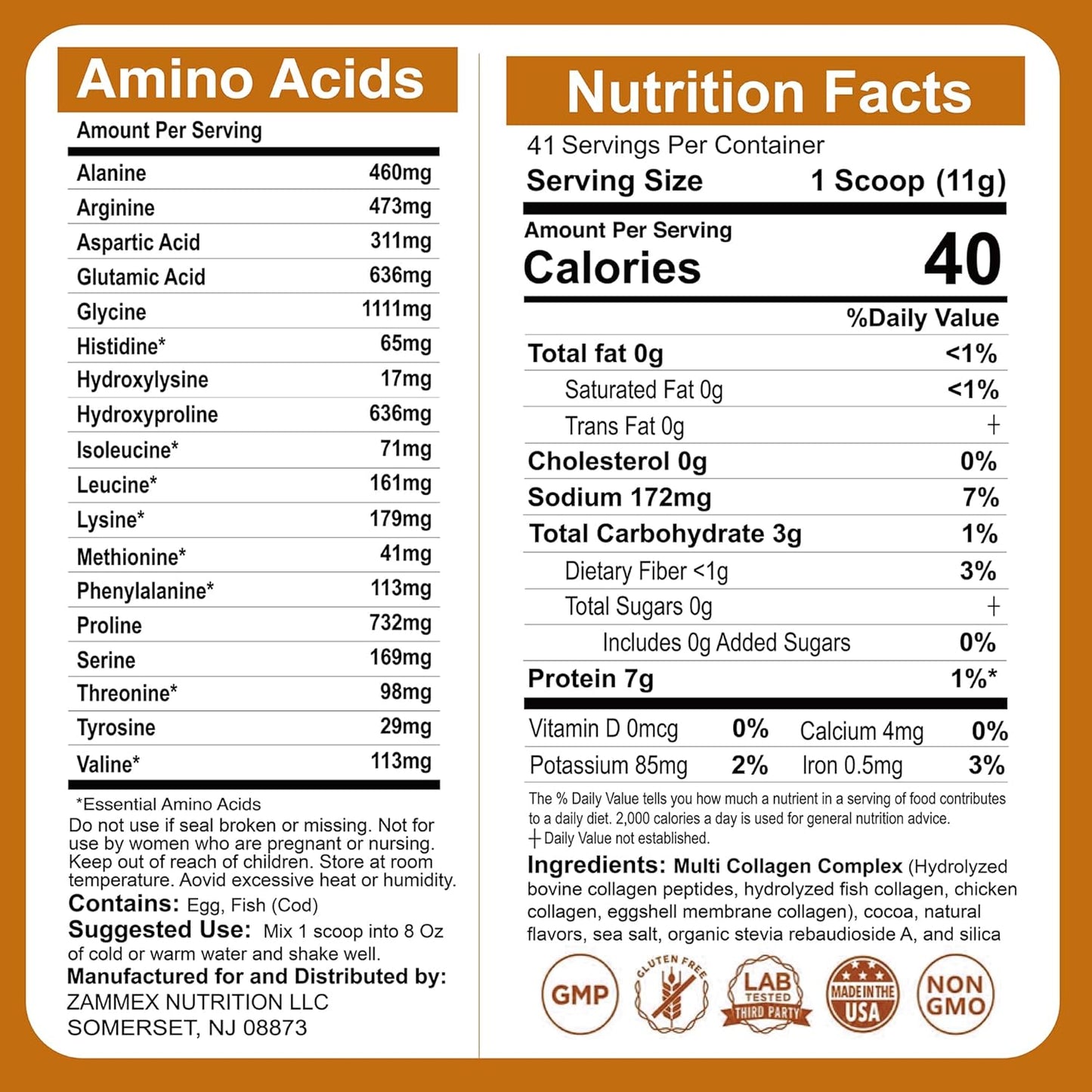 Zammex Multi Collagen Peptides Powder, Type I & III & V & X, Chocolate Collagen Protein Powder, Hydrolyzed Collagen, Supports Hair and Skin, Gut Health, 41 Servings, 1LB