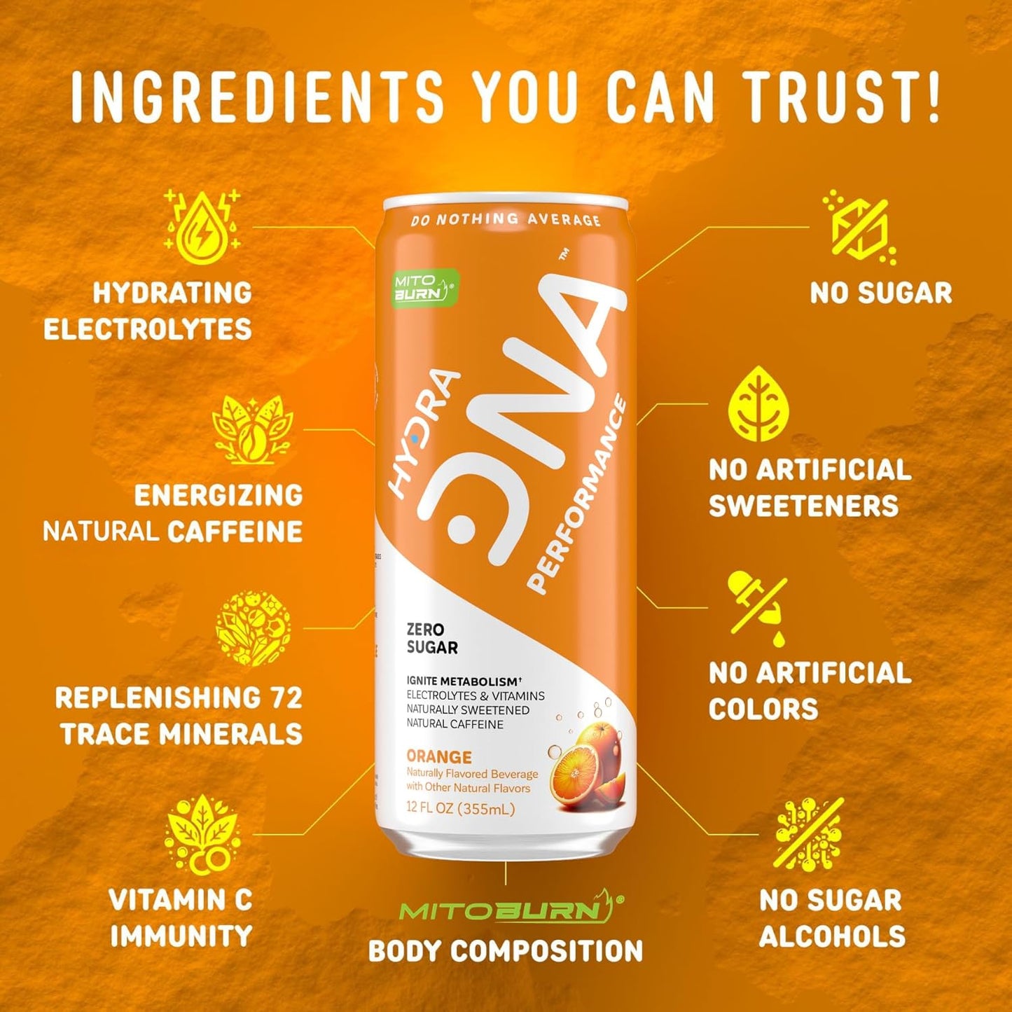 HYDRADNA- Clean Performance Drink, Zero Sugar | For Natural Fuel, Alertness, Boost, Stamina,120 mg Organic Caffeine, Natural Flavors, Zero Sucralose, Clean Ingredients (12 Pack) (12 Pack, Orange)