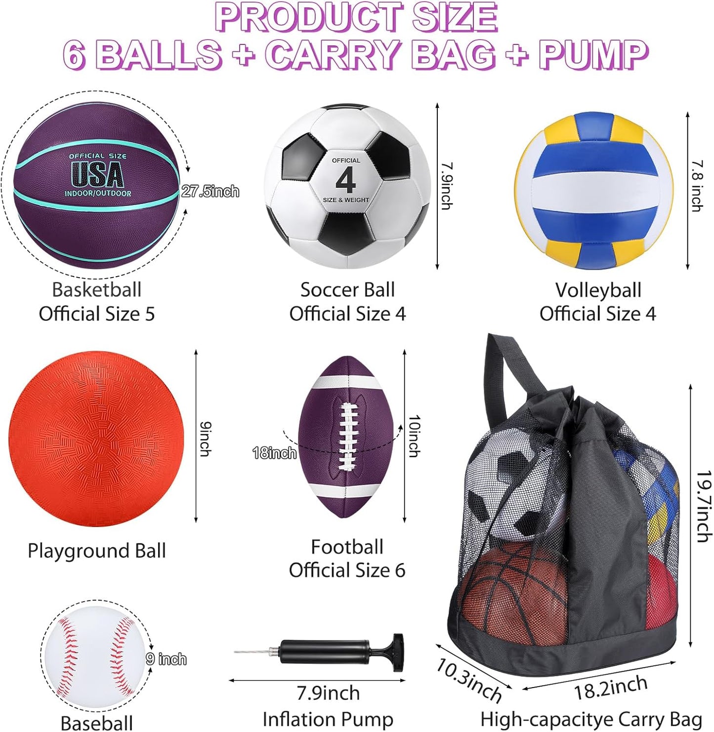 Realspring 6 Pcs Multi Sport Ball Set for Kid Teen Operation Christmas Official Size Football, Basketball, Soccer, Volleyball, Playground Ball, Baseball with Sports Equipment Bag Pump