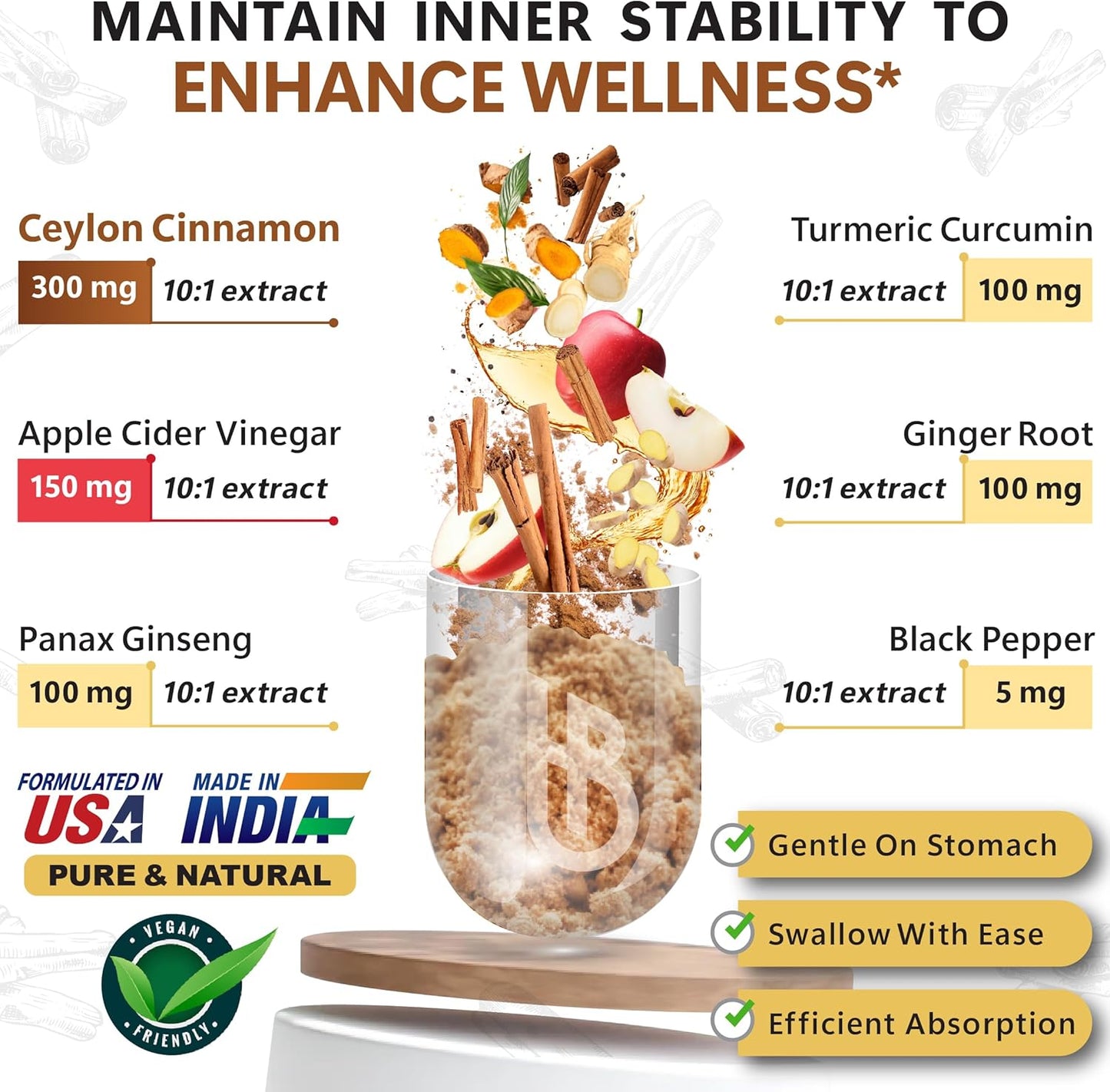 6in1 Premium Ceylon Cinnamon Supplement Plus Apple Cider Vinegar, Turmeric, Ginger, Ginseng - Weight Management, Digestion - 100 Vegan Capsules