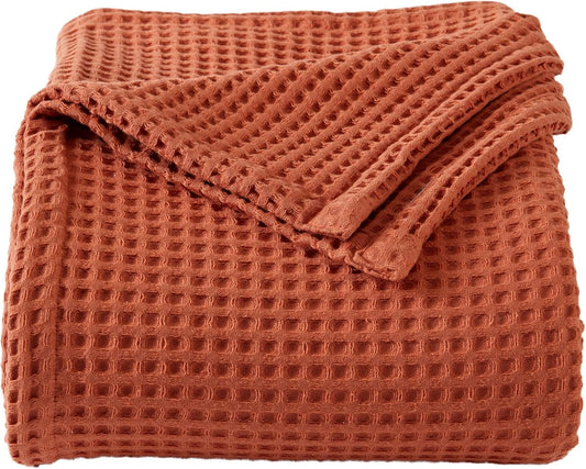 100% Cotton Waffle Weave Bed Blanket | Soft, Breathable, and Lightweight Blanket for All-Season | Perfect for Layering | Brielle Collection (Full/Queen, Burnt Orange)