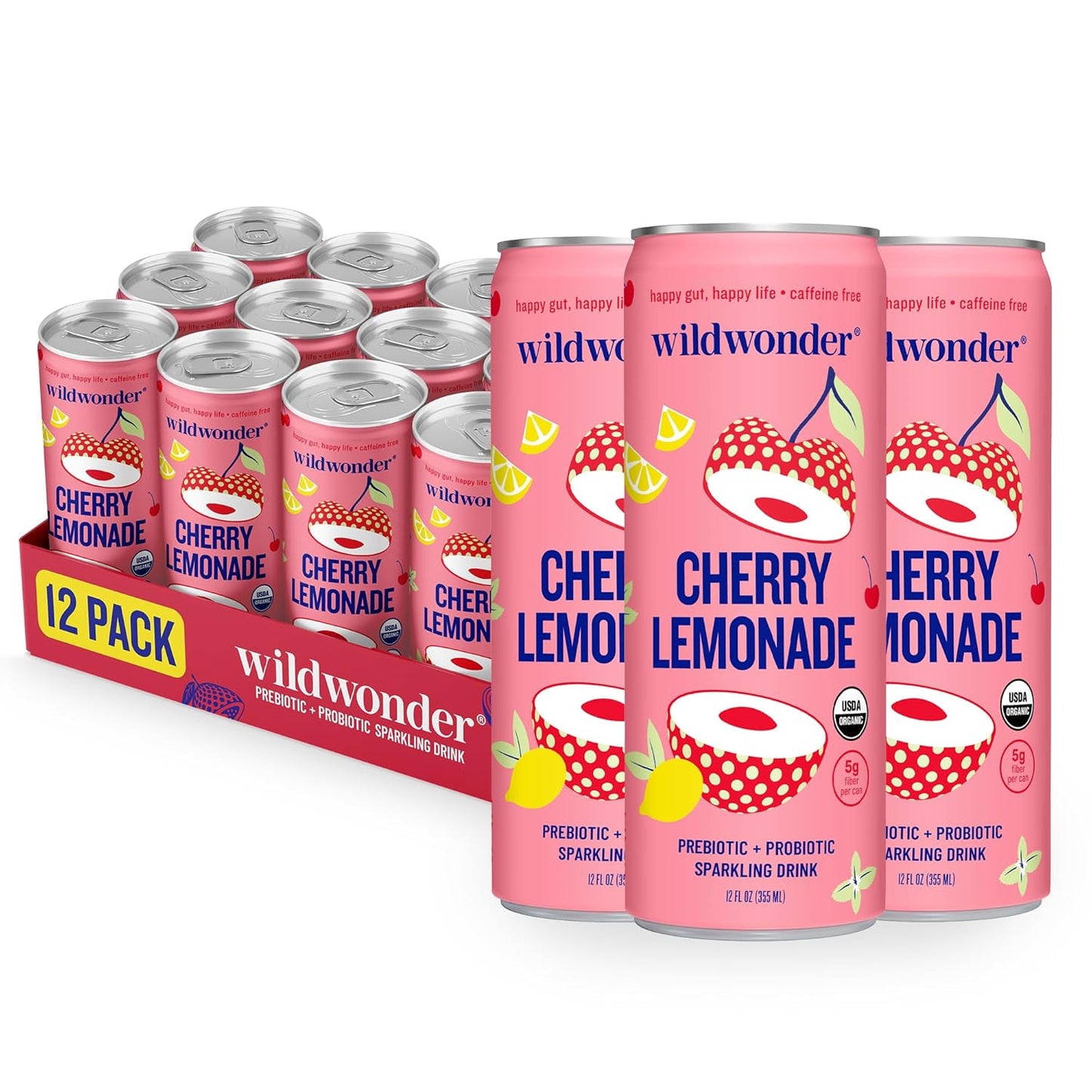 NEW! wildwonder Sparkling Probiotic Drink 12pk, For Gut Health & Immune Support, Cherry Lemonade, 5g Prebiotic Fiber, Live Probiotics, Organic, Vegan, Low Sugar, 12 Pack, 12oz Can, Seen on Shark Tank
