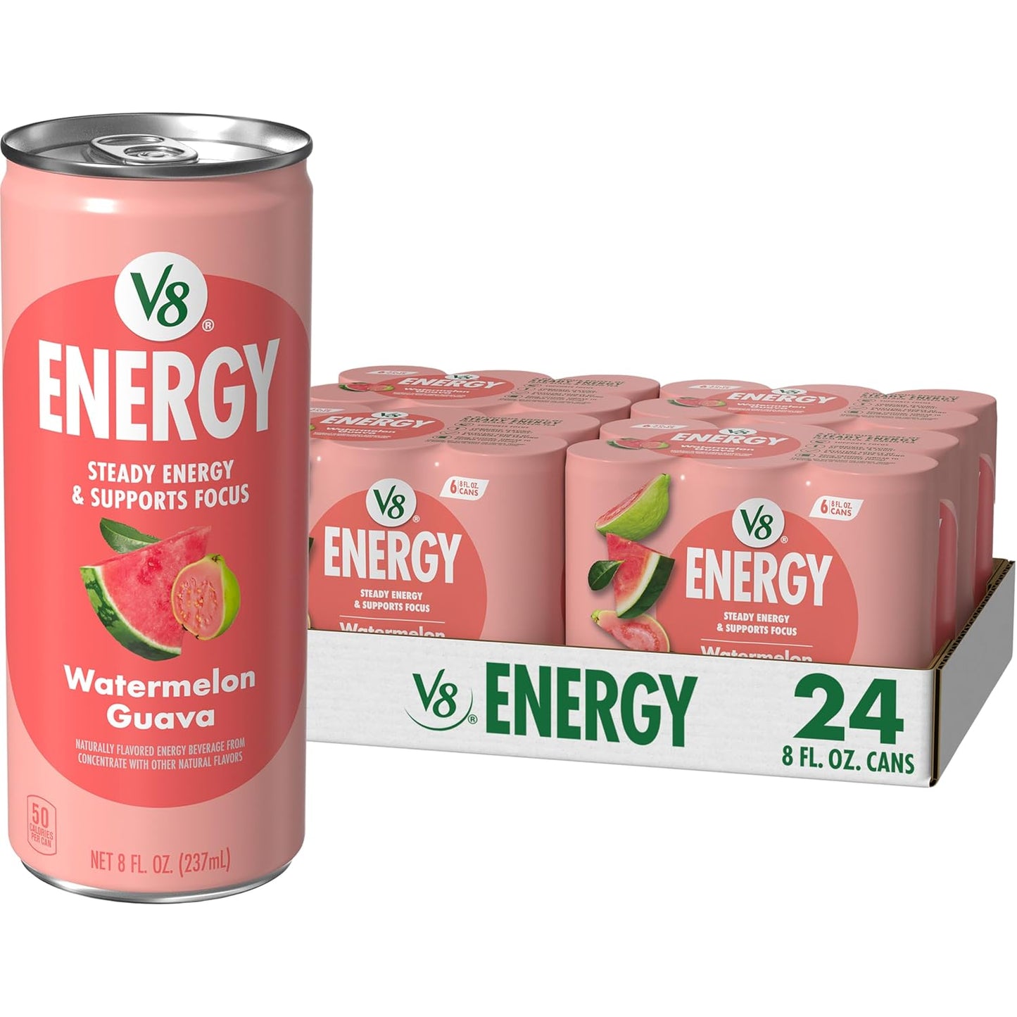 V8 Energy Watermelon Guava Energy Drink, 8 fl oz Can (24 Pack)