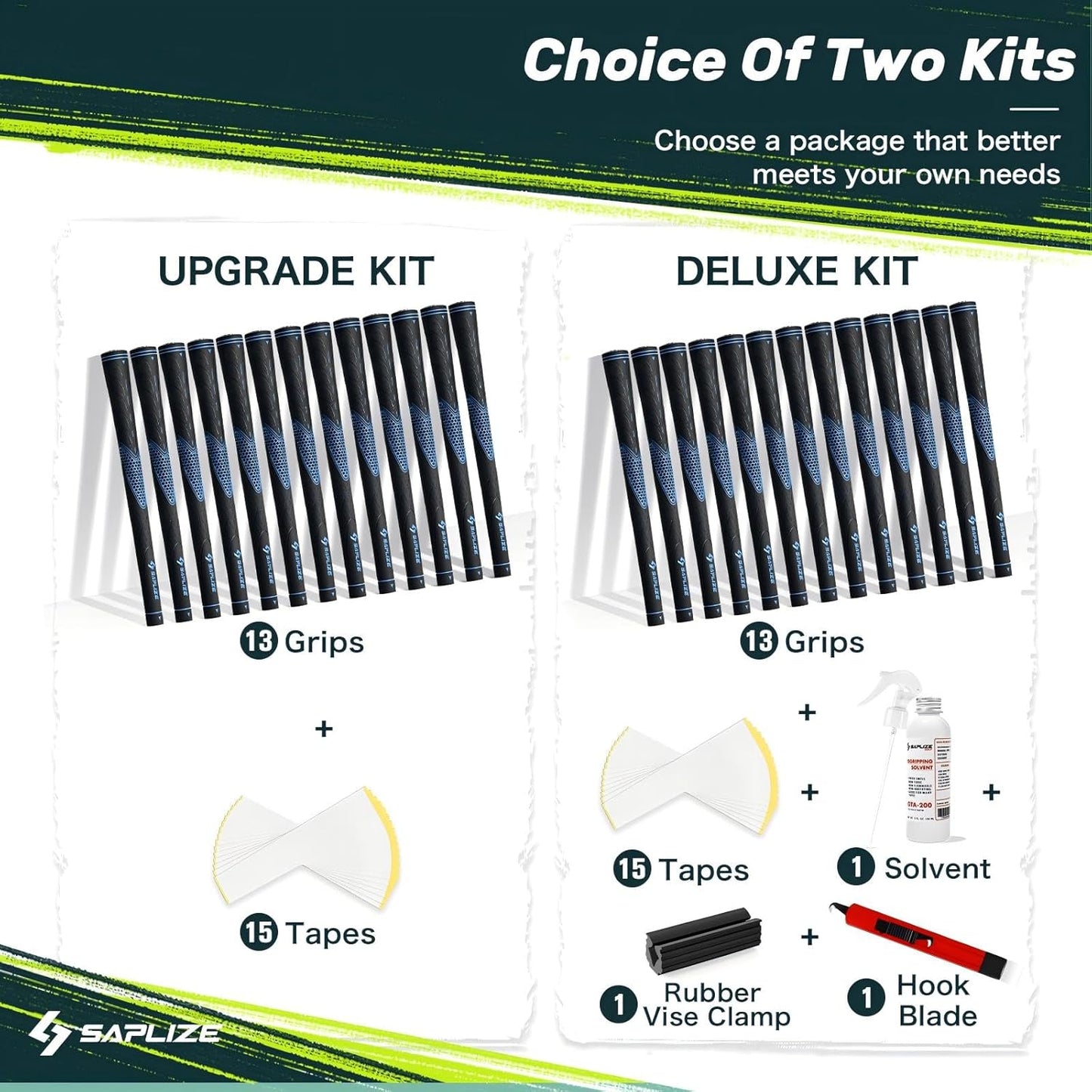 SAPLIZE Golf Grips Set of 13, Bundle with Tape or Full Regripping Kit, Jumbo / Mid / Standard / Undersize, Women / Men Anti-slip Rubber Golf Club Grips, CC01 Series