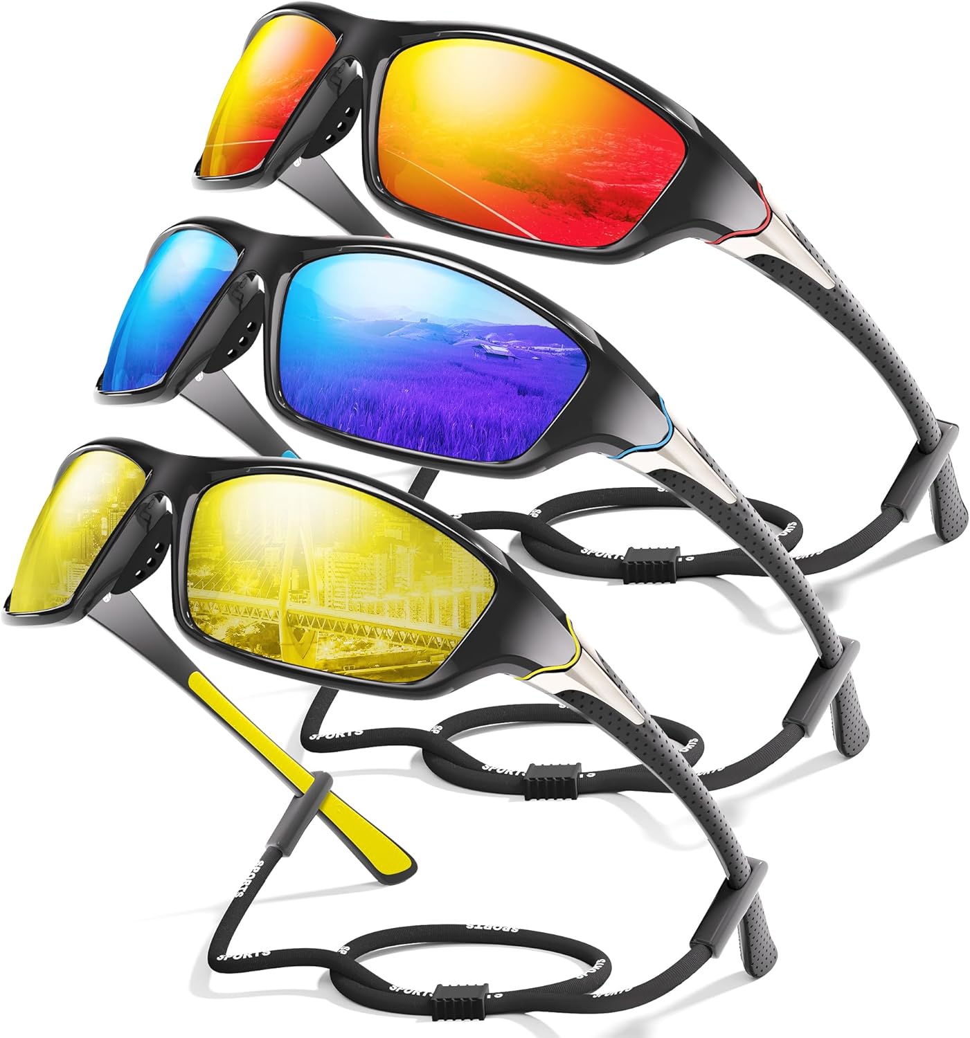 3 Pack Polarized Sports Sunglasses for Men, Mens Sunglasses Wrap Around UV400 Protection for Cycling Fishing Driving