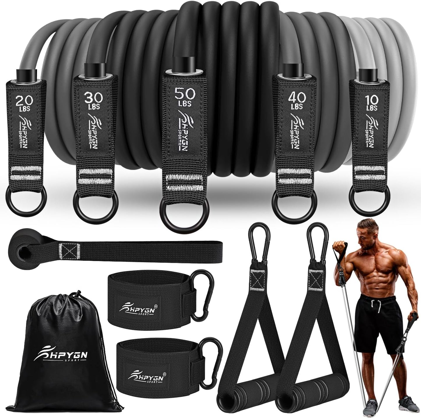 HPYGN Resistance Bands, Exercise Bands for Working Out, Workout Bands Men, Fitness Band with Handle, Door Anchor, Home Gym Equipment for Musle Training, Physical Therapy, Strength Training, Shape Body