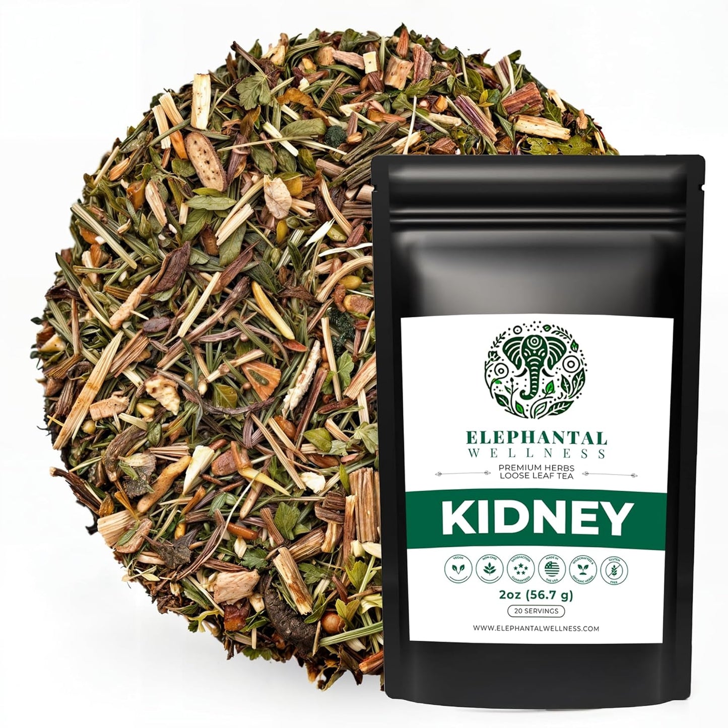 Elephantal Wellness Premium Kidney Herbal Tea | Urinary Tract & Kidney Support with Dandelion, Gravel Root, Goldenrod & Marshmallow | Handmade, Caffeine-Free, Non-GMO Loose Leaf Blend, 2oz, 20 Servings