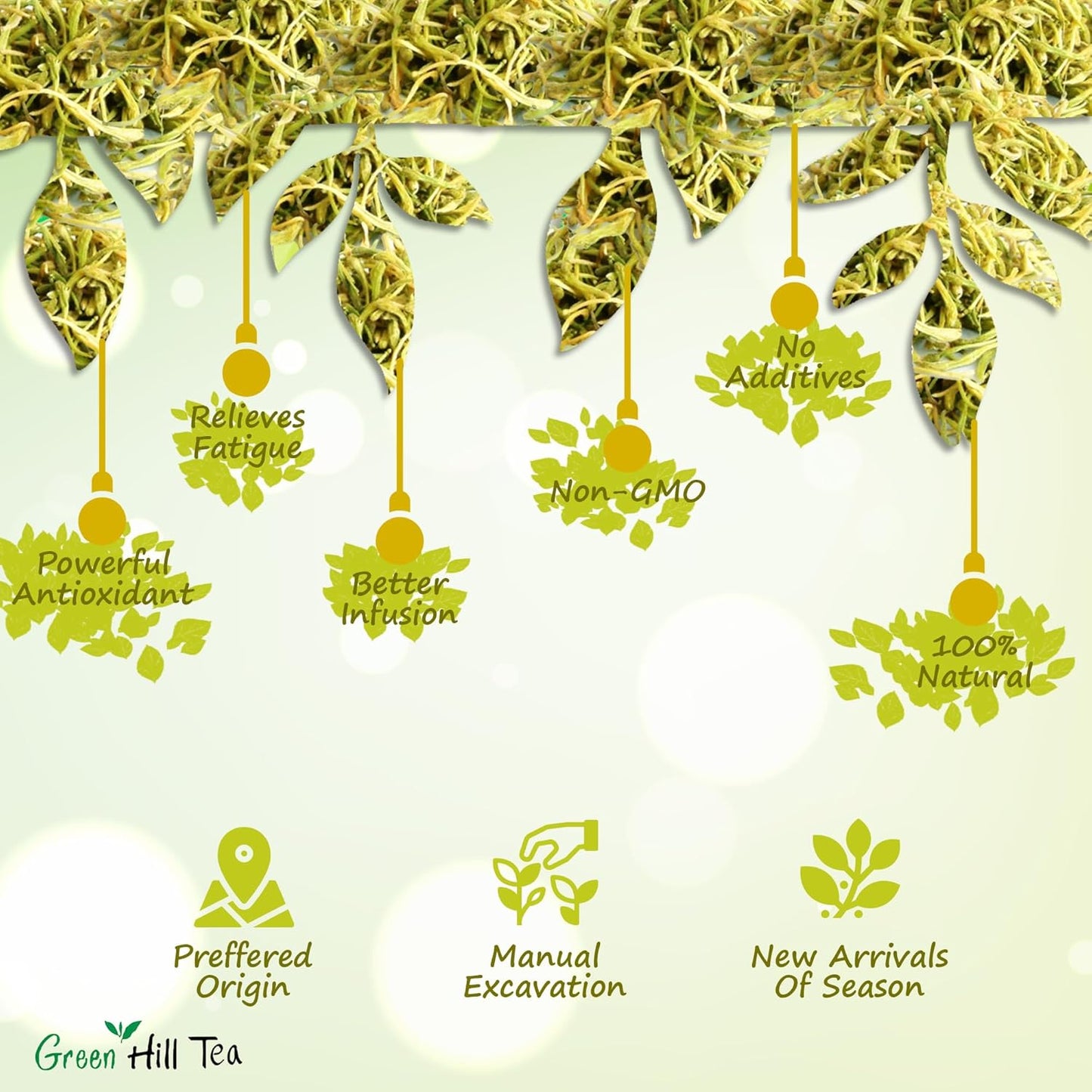 Greenhilltea traditional health herbs, Premium Honeysuckle buds, honey suckle tea NO GMO, NO Additives, Caffeine free dried herbal tea 5 OZ