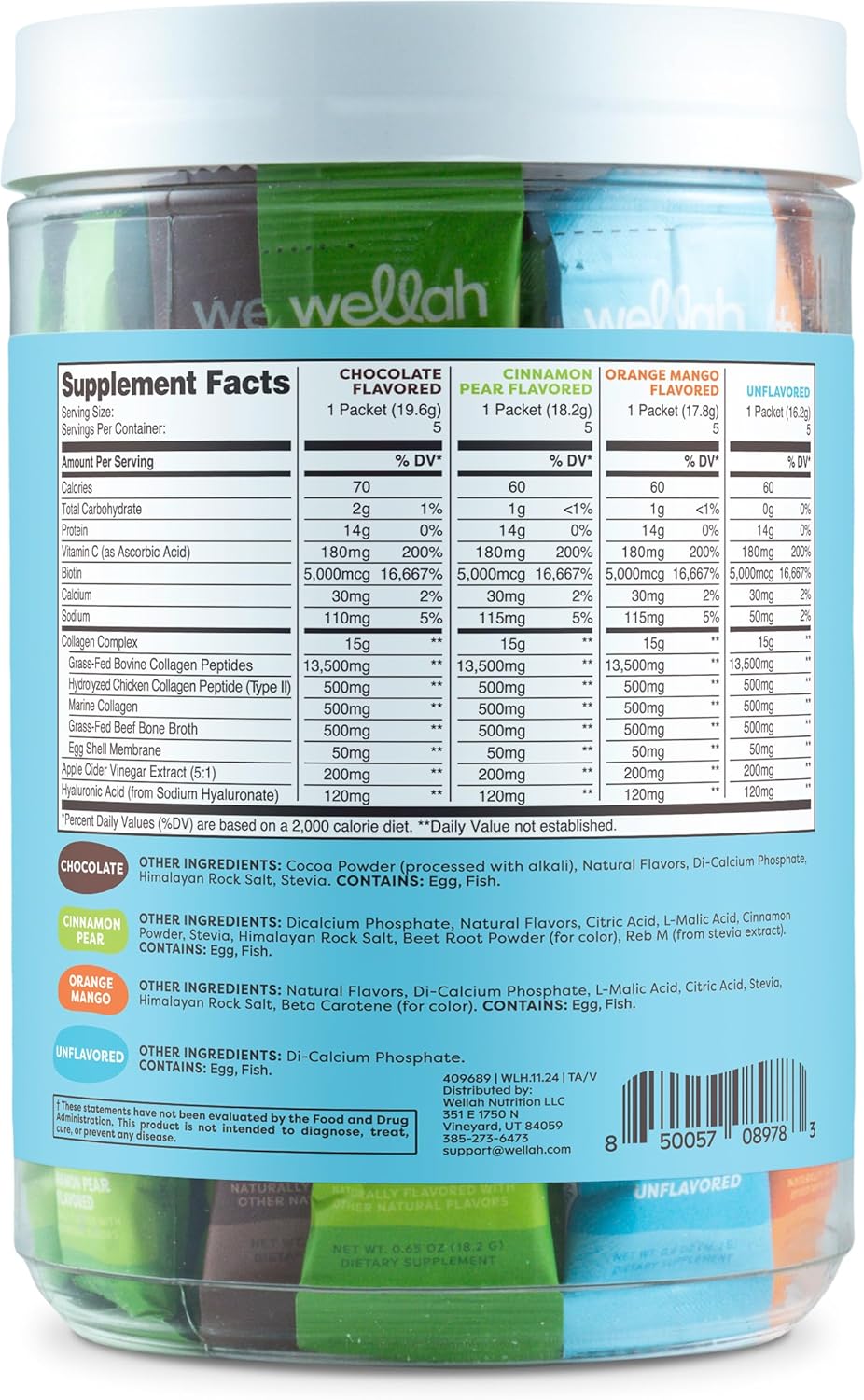 Wellah The Afterglow Multi Collagen Protein + Beauty (Variety Pack) 20 Stickpacks - 15G Collagen Complex Per Serving