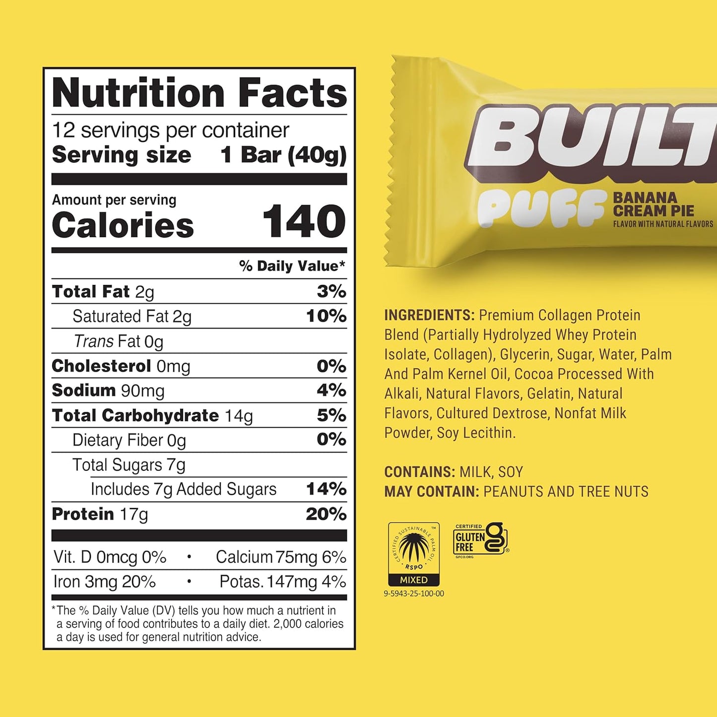 Built Bar, Puff Protein Bars, Banana Cream Pie Puff, 17g Protein Snacks, On-The-Go Bars, Only 140 Calories, 6g Sugar, Collagen, Gluten Free, 12 Count