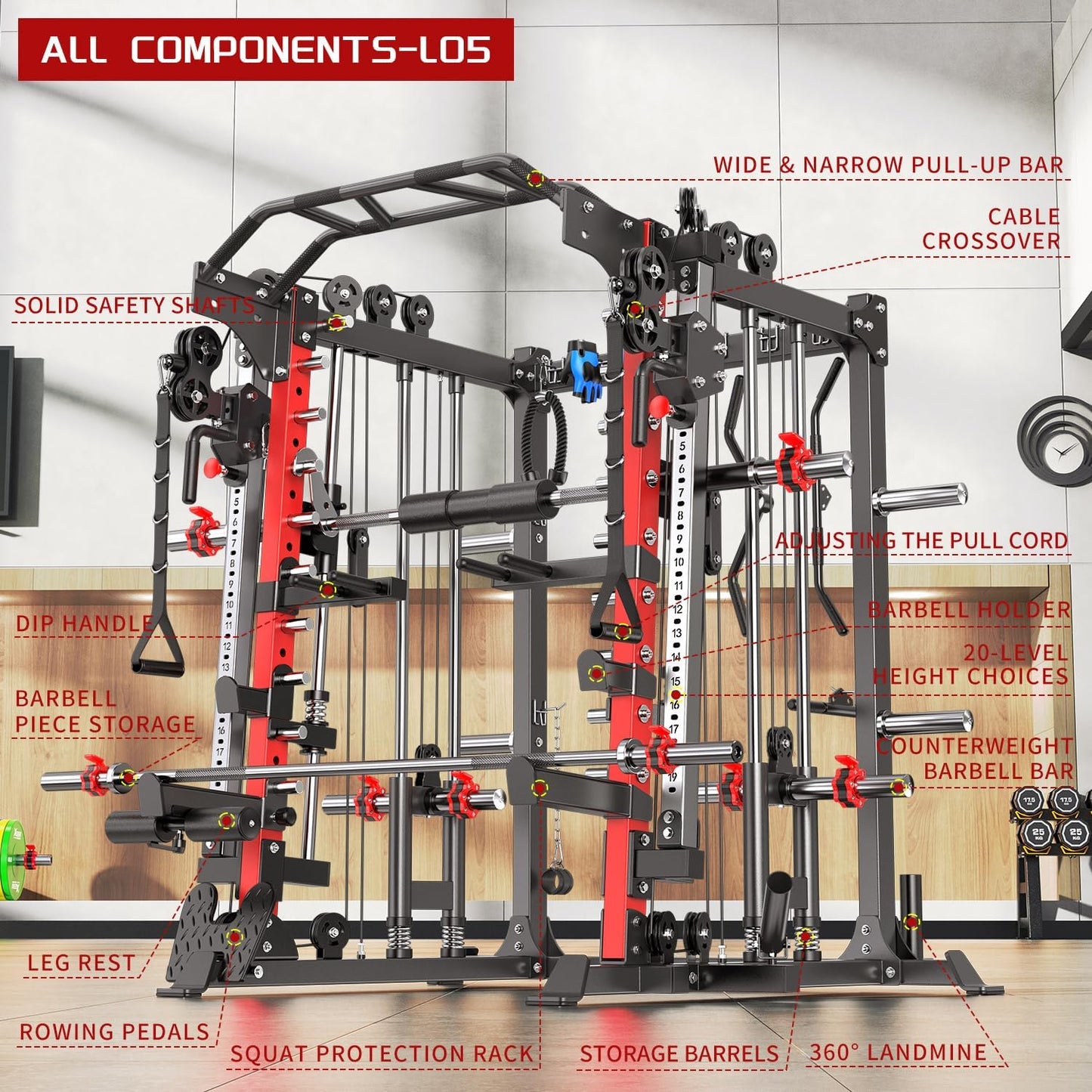 Smith Machine Power Rack Multifunctional Power Cage Deep Squat Rack Cable Crossover System Selectable More Training Attachment for Garage & Home Gym