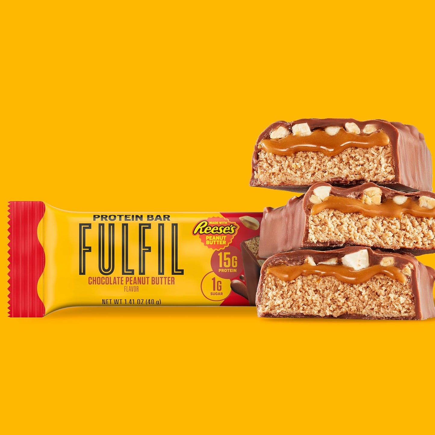 FULFIL Chocolate Peanut Butter Flavored Protein Bar Made with REESE's Peanut Butter, Gluten Free with 15g Protein, Pantry Staples, 12 Count