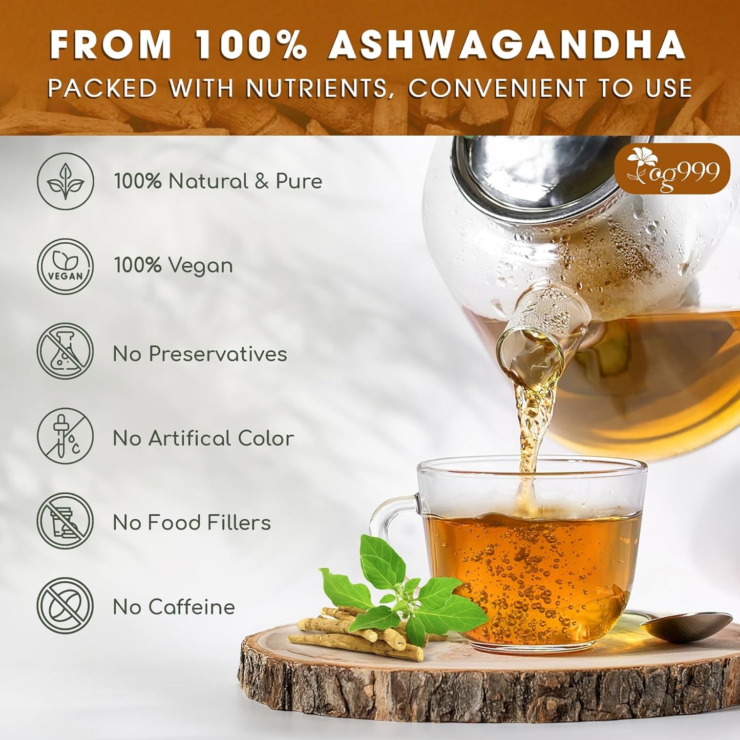 TOG999, Premium 120 Ashwagandha Root Tea Bags, 100% Natural & Pure from Ashwagandha Root. No Sugar, No Caffeine, No Gluten, Vegan.