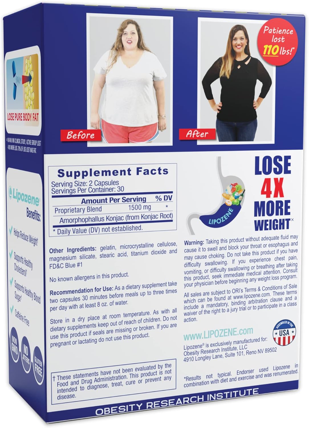 Lipozene - Weight Loss Supplement Diet Pills - Appetite Suppressant and Control - Two Bottles 60 Capsules Total