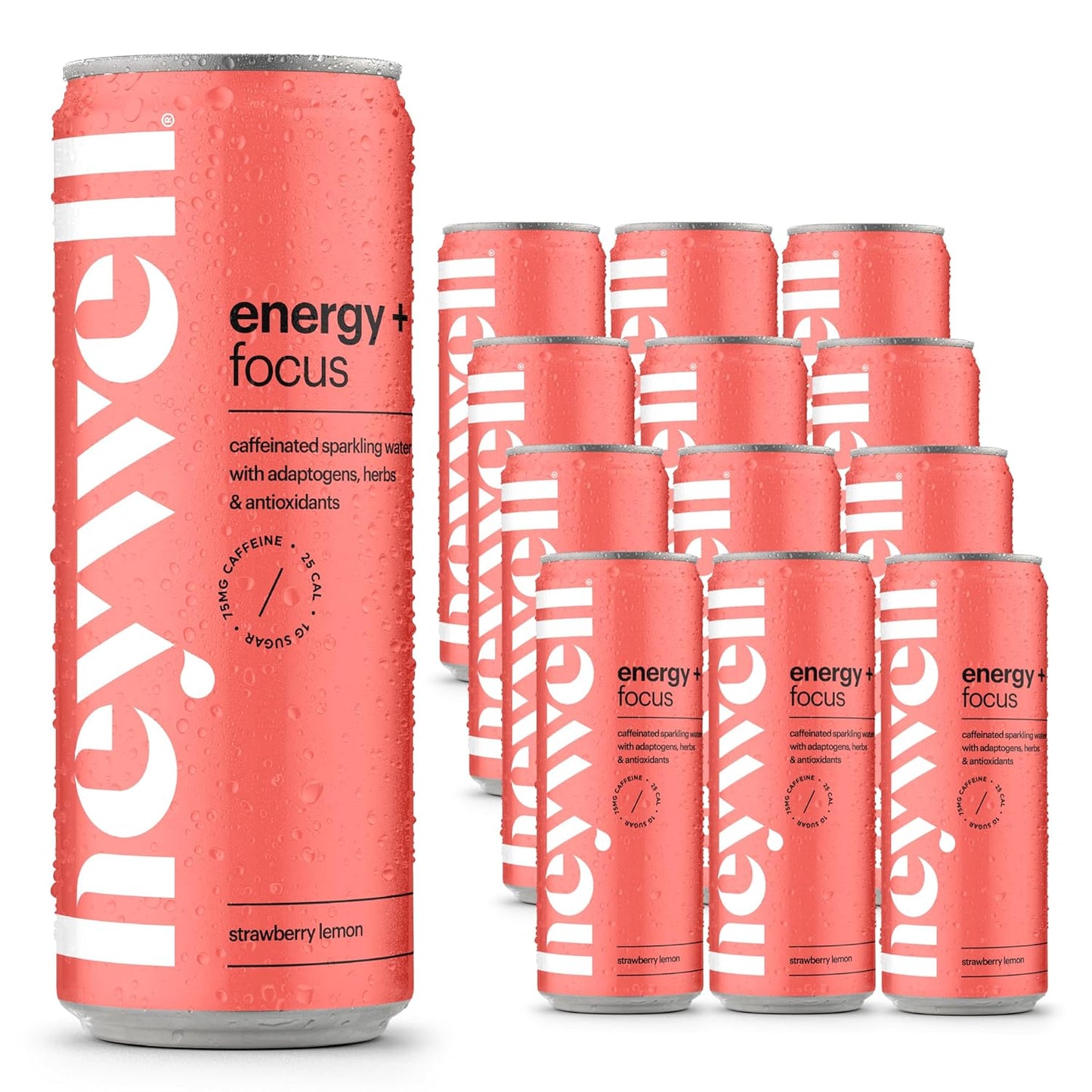 Heywell Sparkling Adaptogenic Water Energy and Focus, Strawberry Lemon Flavor 12 Fluid Ounce (Pack of 12) - Caffeinated, Organic, Non GMO, Vegan, Gluten Free, Dairy Free