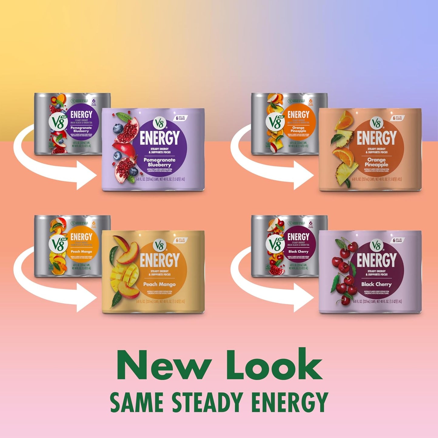 V8 +Energy Peach Mango, Orange Pineapple, Black Cherry and Pomegranate Blueberry Juice Energy Drinks, 8 fl oz Can (24 Pack)