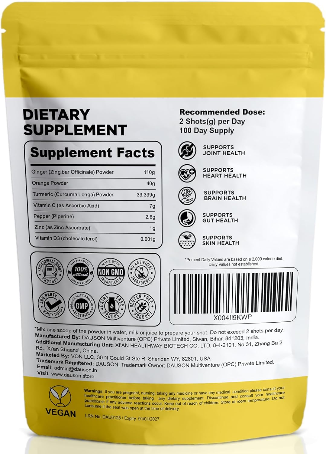 Ginger Turmeric Supplements with Piperine, Orange, Vitamin C, Vitamin D3 & Zinc | Ginger Turmeric Shots for Joint, Heart, Brain, Gut & Skin Health | 200 Servings | Ayurvedic | Powder