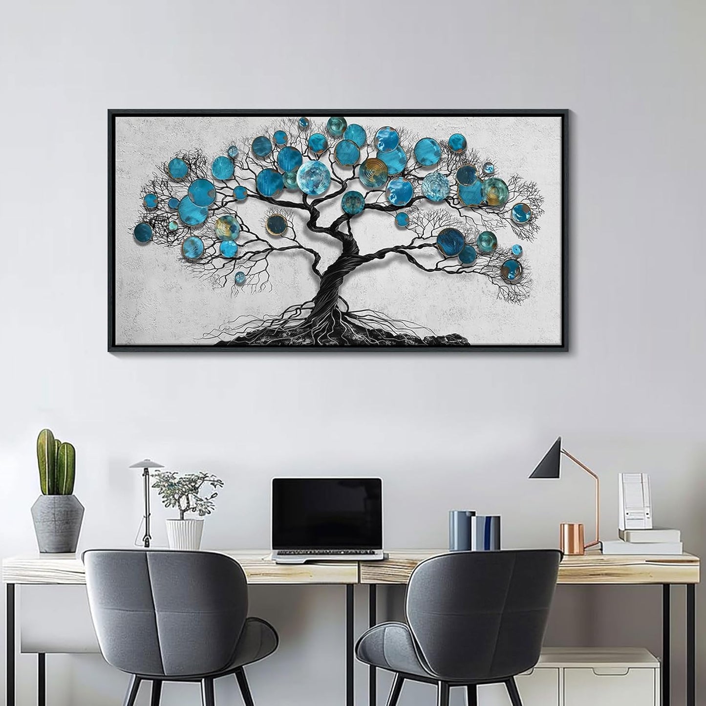 CHATYOUNG Canvas Wall Art Bedroom - Tenacious Tree of Life Blue and Gray Painting Modern Black Framed Artwork for Living Room Bedroom Dining Room Office Home Decor 48"x24"