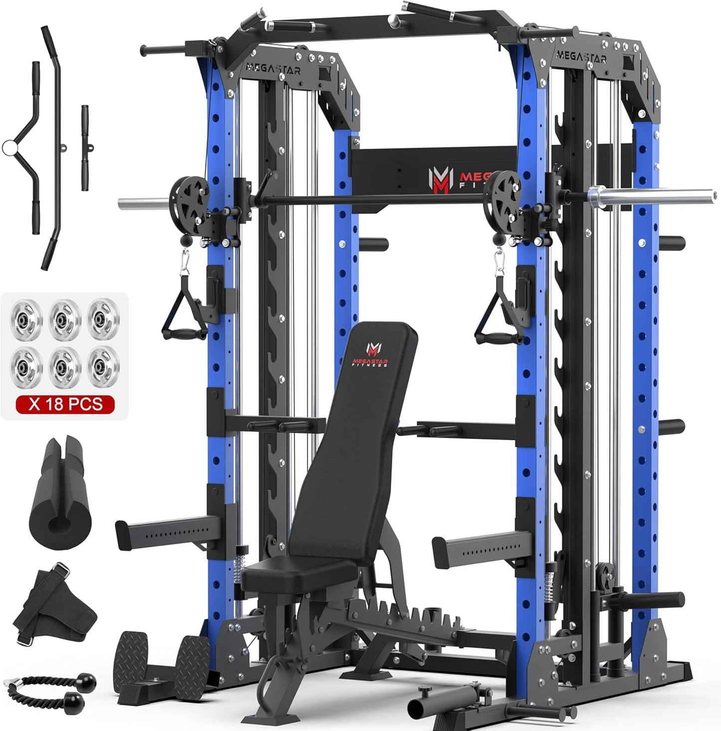 Smith Machine Home Gym with Aluminum Pulley Set- 2000lbs Capacity All-in-One Power Rack with Cable Crossover, Pull-Up Bar & Dip Station, Includes 18 Attachments, P107 Anvil