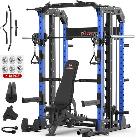 Smith Machine Home Gym with Aluminum Pulley Set- 2000lbs Capacity All-in-One Power Rack with Cable Crossover, Pull-Up Bar & Dip Station, Includes 18 Attachments, P107 Anvil