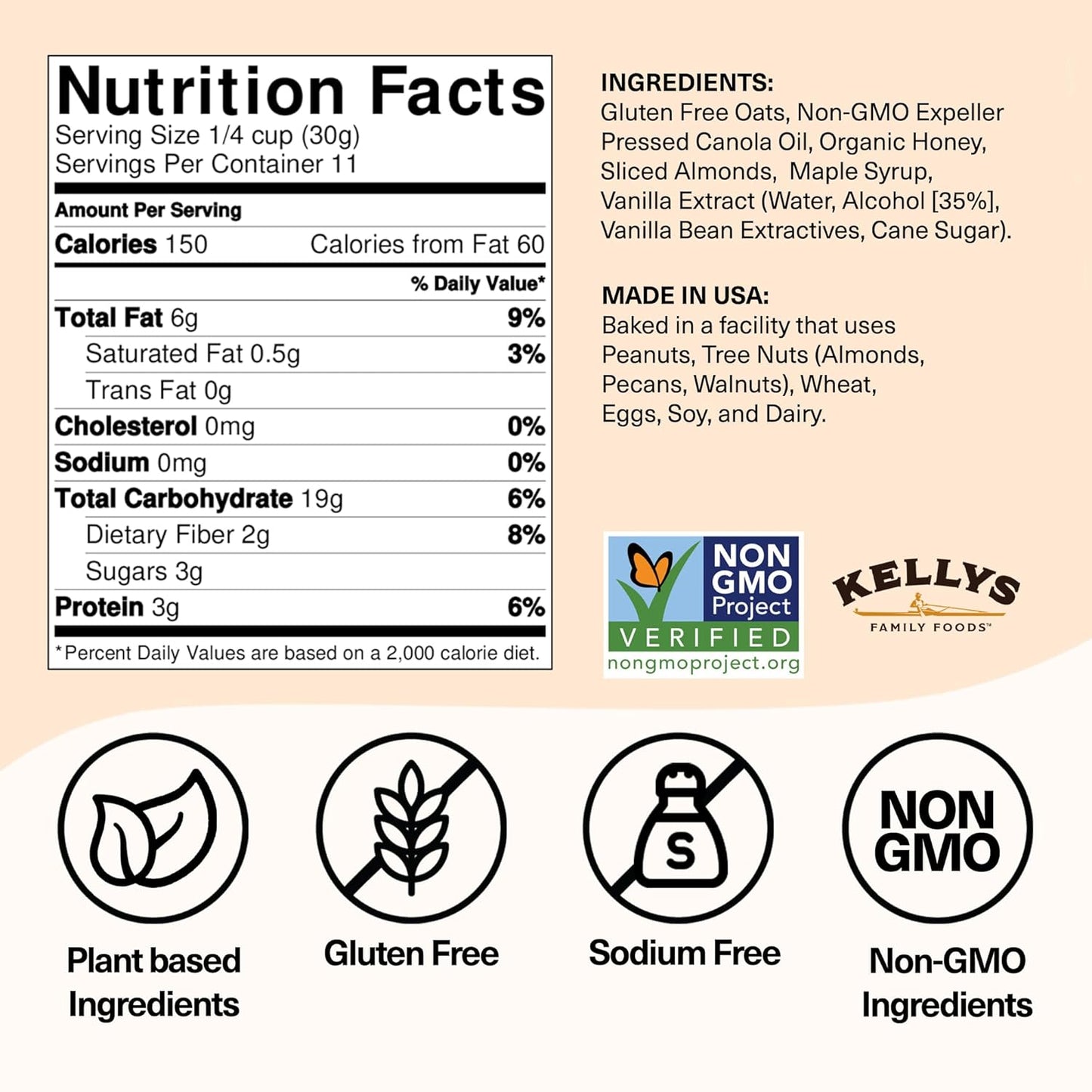 Kelly's Four Plus (Vanilla Almond) Granola Cereal with Whole Grain Oats, Honey, Maple Syrup - Non-GMO, Low Sugar, Sodium Free and Gluten Free Granola for Yogurt - 12oz - Pack of 6