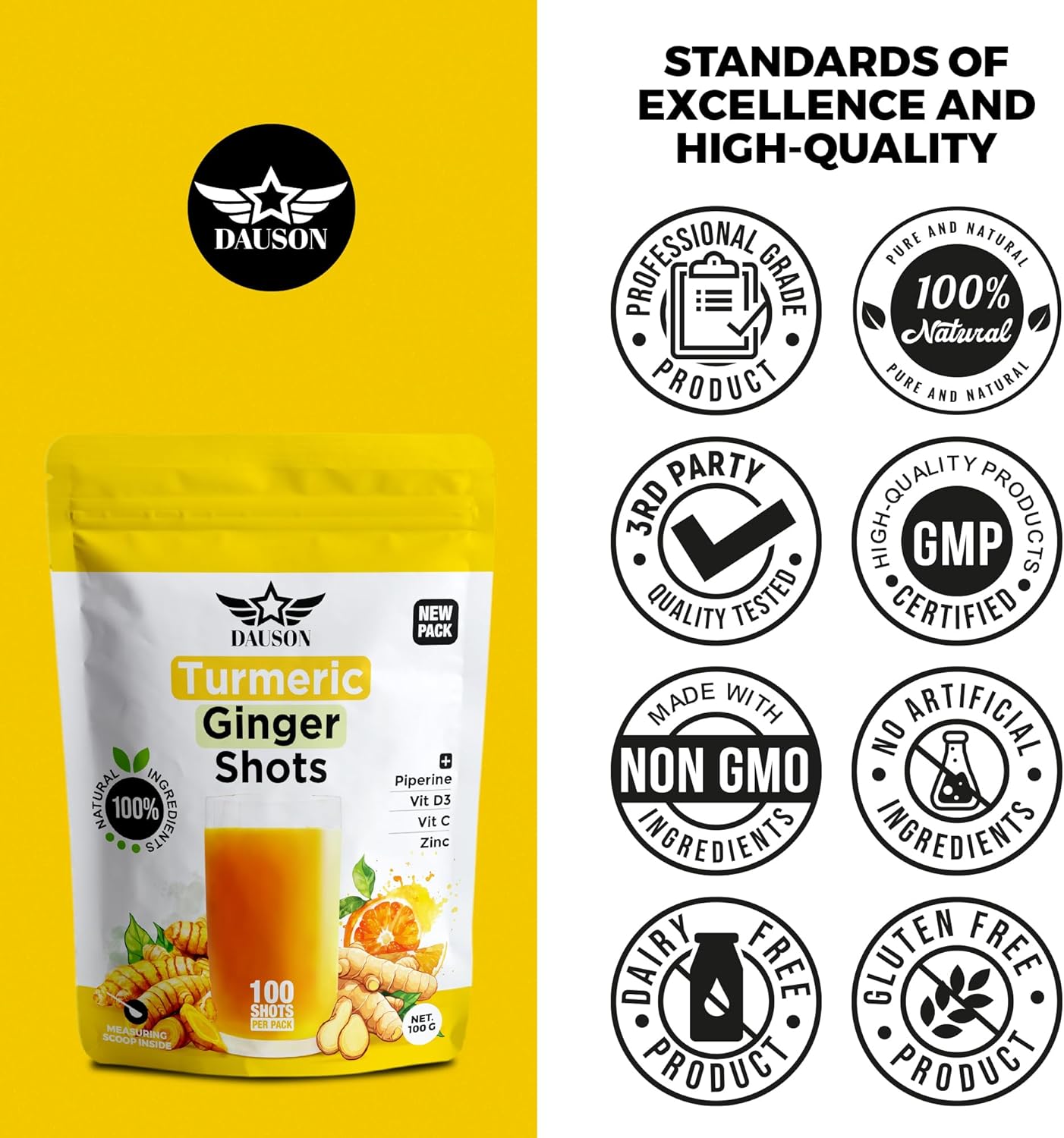 Turmeric Ginger Supplements with Piperine, Vitamin C, Vitamin D3 & Zinc | Turmeric Ginger Shots for Joint, Heart, Brain, Gut & Skin Health | 100 Servings | Ayurvedic | Powder