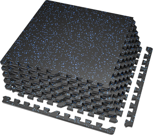 SUPERJARE 0.56'' Thick 6 Pcs 24 Sq Ft Rubber Top Exercise Equipment Mats, High Density EVA Foam Mats with Rubber Top, Interlocking Gym Flooring for Home Gym, Protective Workout Mat, Black/Blue