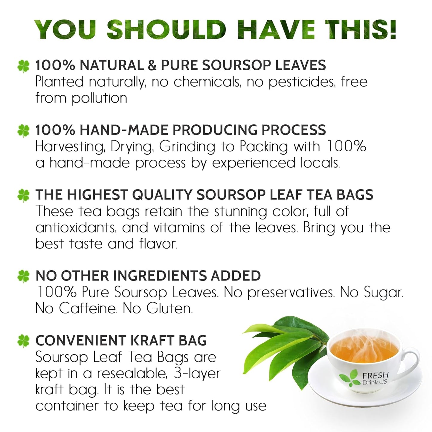 FreshDrinkUS, 60 Premium - The Top Soursop Graviola Leaf Tea Bags, 100% Pure & Natural from Soursop Leaves, Handmade, Made With Natural Materials-Corn Fiber Tea Bag, Sugar/Caffeine/Gluten Free, Hoja Guanabana Tea