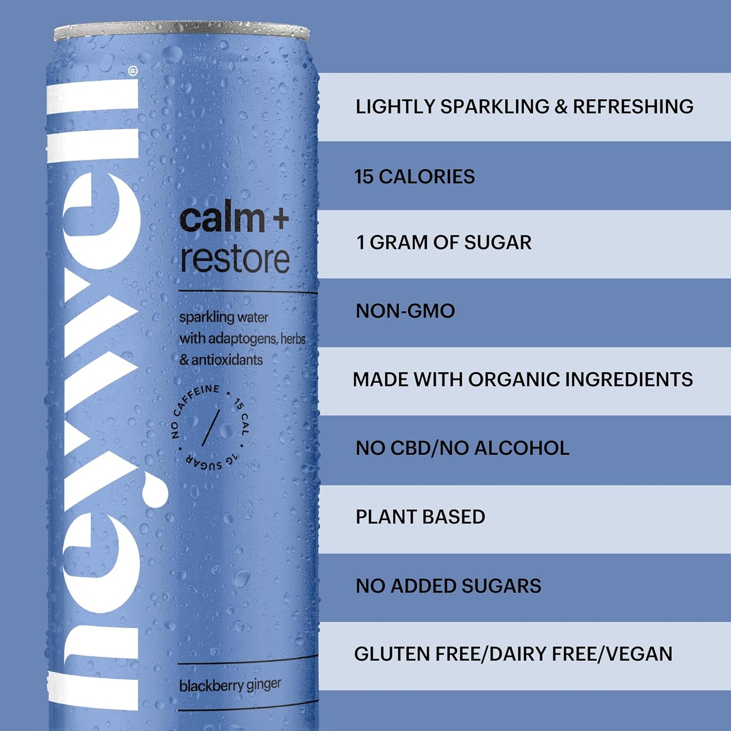 Heywell Sparkling Adaptogenic Water Calm and Restore, Blackberry Ginger Flavor 12 Fluid Ounce (Pack of 12) - Non Caffeinated, Organic, Non GMO, Vegan, Gluten Free, Dairy Free