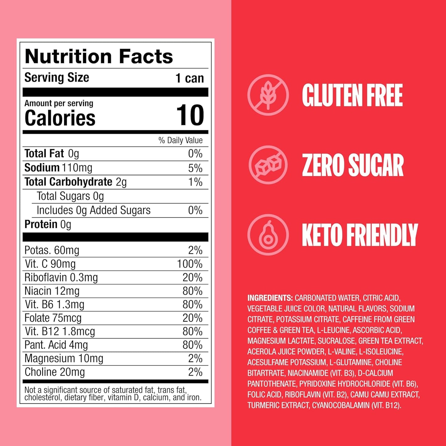 ZOA Zero Sugar Energy Drinks, Strawberry Watermelon - Sugar Free with Electrolytes, Healthy Vitamin C, Amino Acids, Essential B-Vitamins, and Caffeine from Green Tea - 12 Fl Oz (12-Pack)