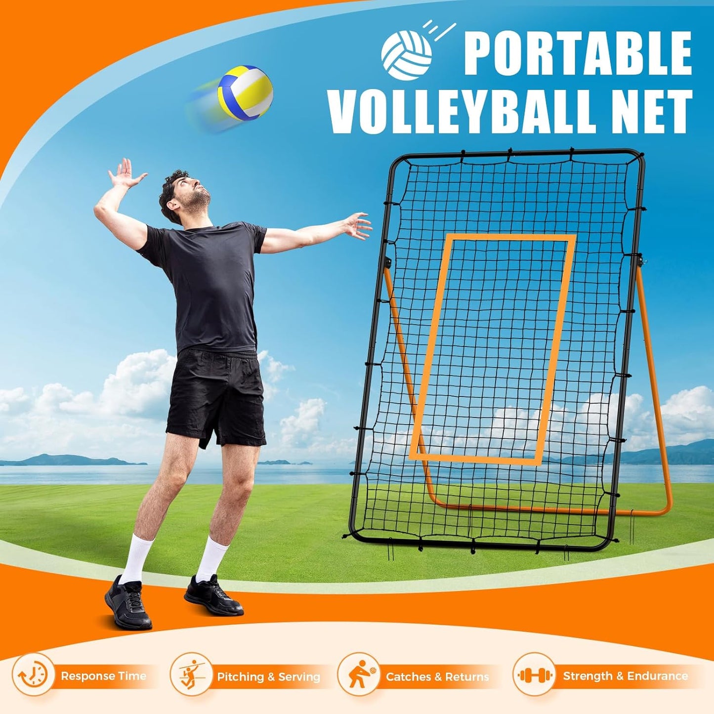 Volleyball Rebounder Net，Portable 7x4 ft Training Equipment for Spike and Smash Practice - 5 Rebound Angles Custom Target Area for Volleyball Sports Training