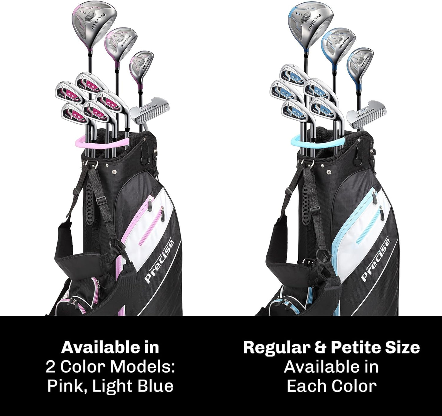 Precise AMG Right-Handed Complete Golf Clubs Set for Petite & Regular Height Women: 460cc Driver, 21° Hybrid, 3 Wood, 6-PW Stainless Irons, Putter, Stand Bag, 3 H/C's | Choose Your Color & Size