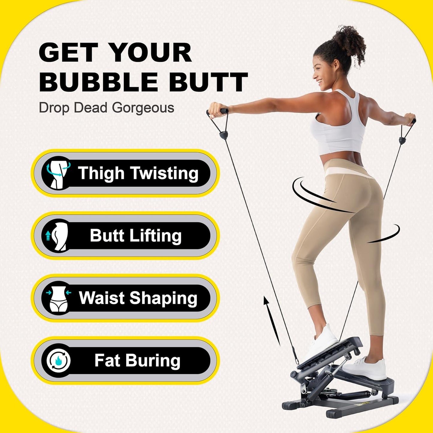 Stepper Machine with Resistance Bands, Mini Stepper with 300LBS Weight Capacity, Twist Stepper for Full Body Workout, Adjustable Step Height, Smooth and Quiet, Step Machine for Men Women