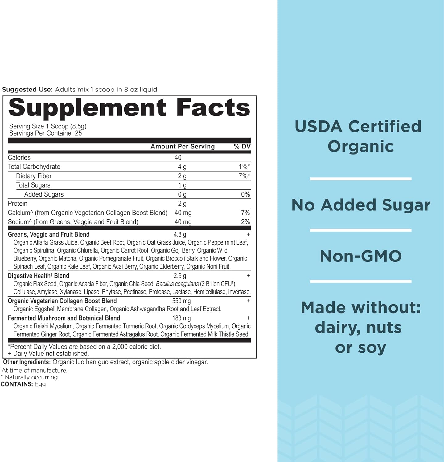 Ancient Nutrition Supergreens Powder, Organic Superfood Powder with Collagen, Made from Real Fruits, Vegetables and Herbs, for Digestive and Energy Support, 25 Servings, 7.5oz