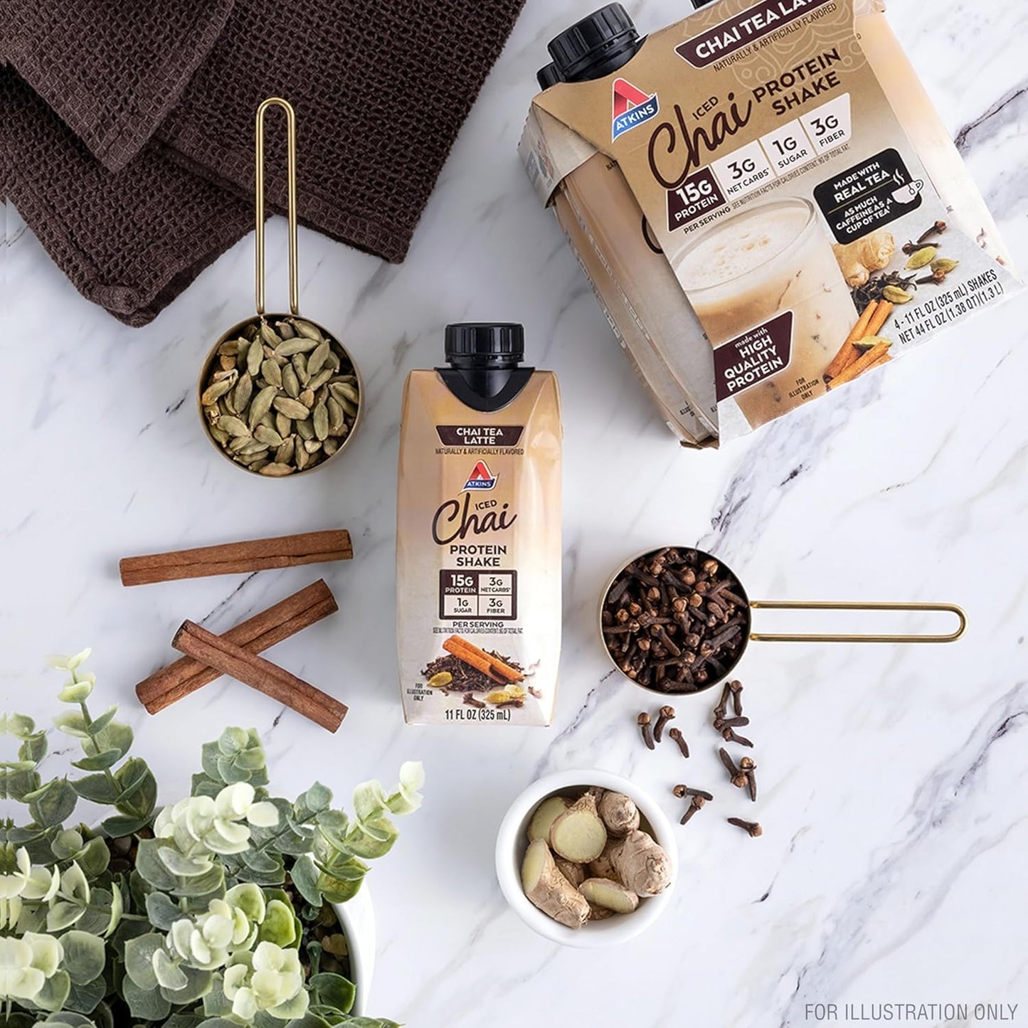 Atkins Chai Tea Latte Flavored Protein Shake, High Protein Shake, Low Glycemic, Low Carb, Low Sugar, Keto Friendly, Gluten Free, 12 count (3 sets of 4)