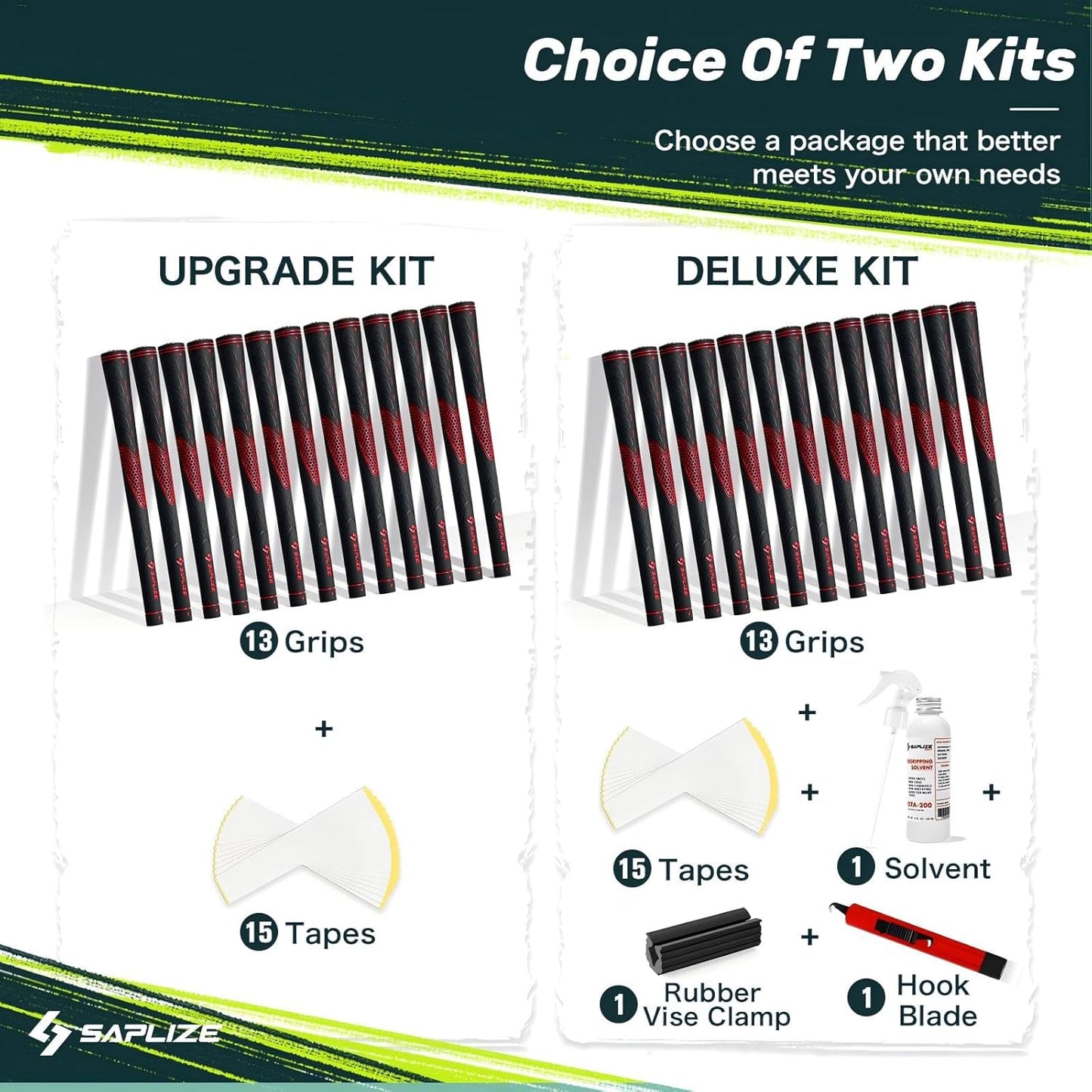 SAPLIZE Golf Grips Set of 13, Bundle with Tape or Full Regripping Kit, Jumbo / Mid / Standard / Undersize, Women / Men Anti-slip Rubber Golf Club Grips, CC01 Series