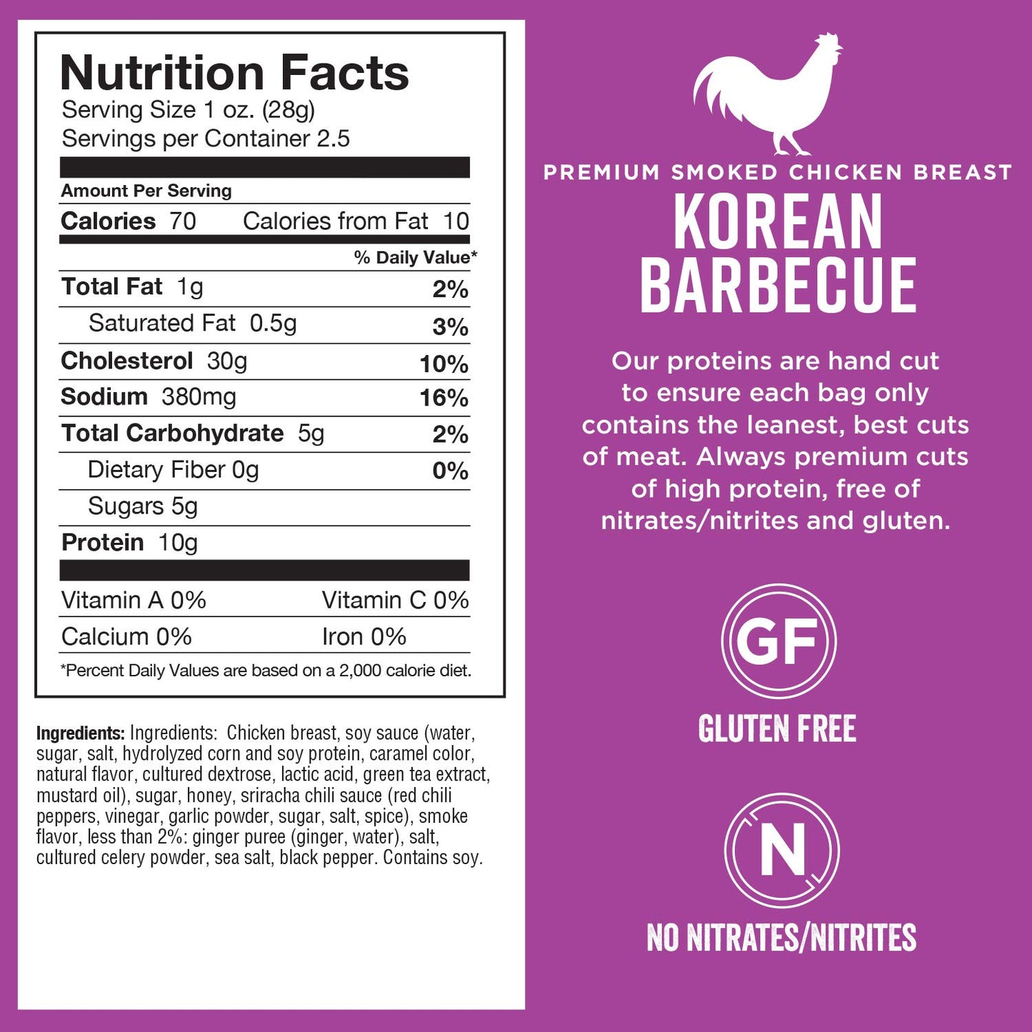 Chef's Cut Chicken Jerky Meat, Korean Barbecue (2.5 Ounce Bags, Pack of 4) - High Protein, 10g Protein, 70 Calories, Gluten-Free, Premium Smoked Chicken Breast, Keto Friendly Snack, Low Carb Snack