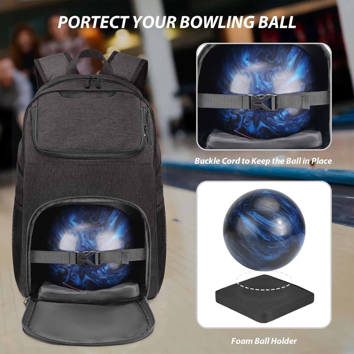 Bosynoy Bowling Backpack, Bowling Ball Bag Totes for Single Ball with Shoe Compartment & Foam Padded, Fits Shoes Up to US Mens Size 16, Grey