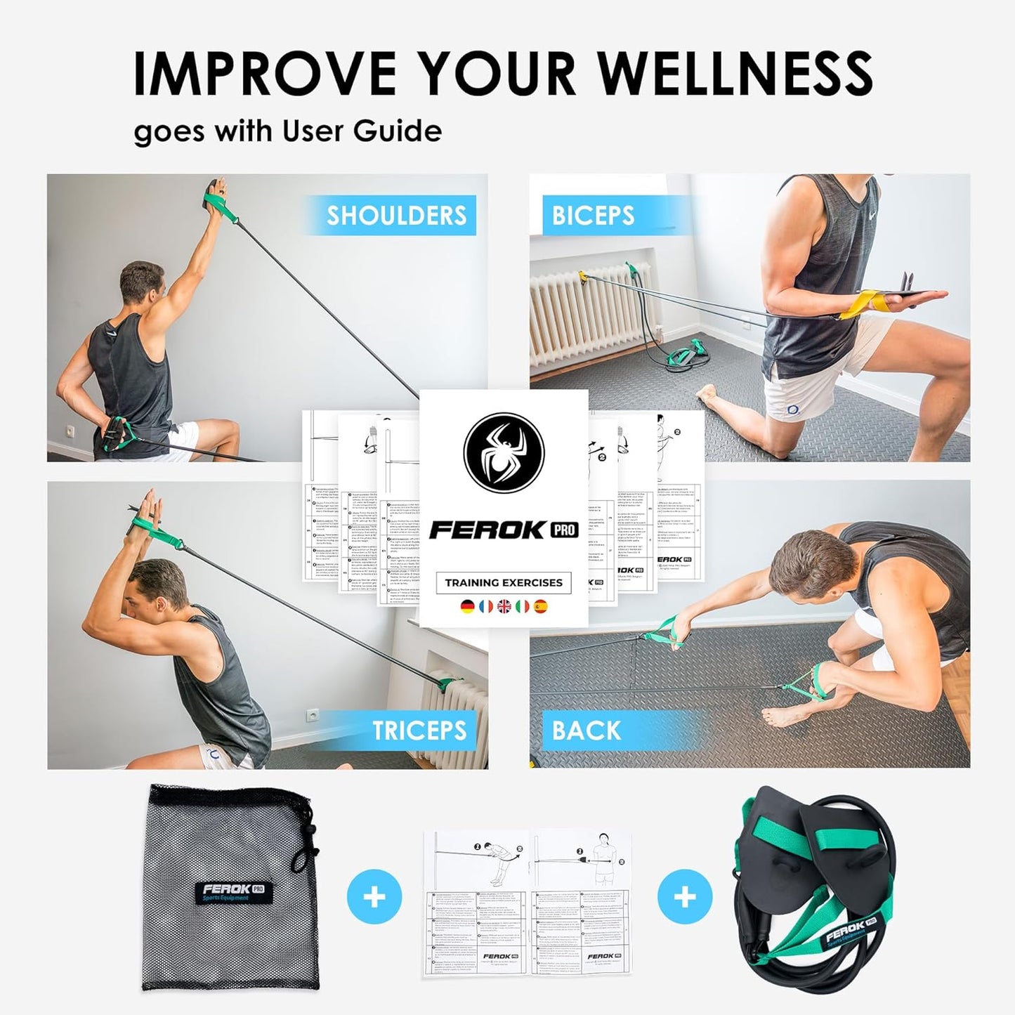 Swimming Resistance Band with Hand Paddles, Stretch Cord, Fitness Bands for Swimming, Training Equipment, Arm Strength Exercise, Powercord - Including Exercises - Medium Green