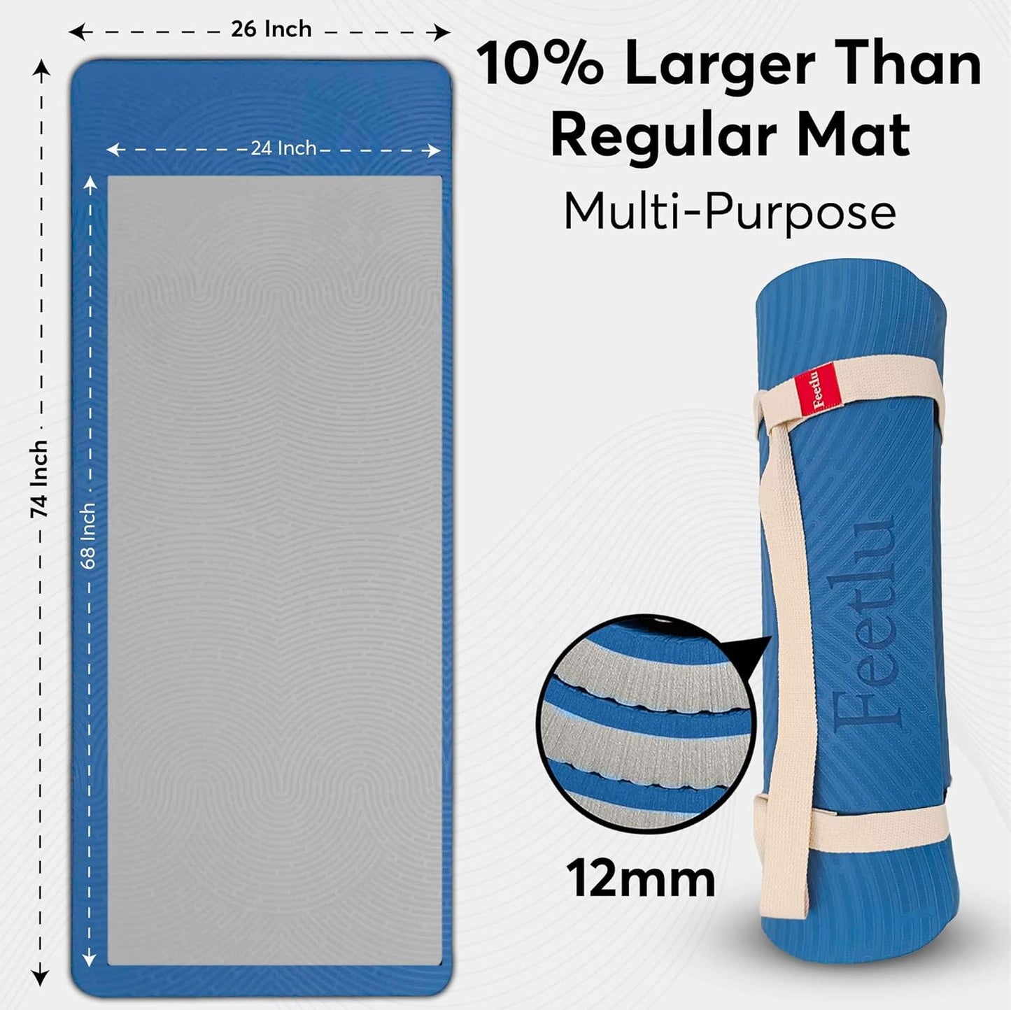 Extra Thick 12mm Exercise Mat – Non-Slip, Joint-Friendly & Cushioned Fitness Mat for Yoga, Pilates & Floor Workouts – Durable, Supportive & Includes Feetlu Classic Strap