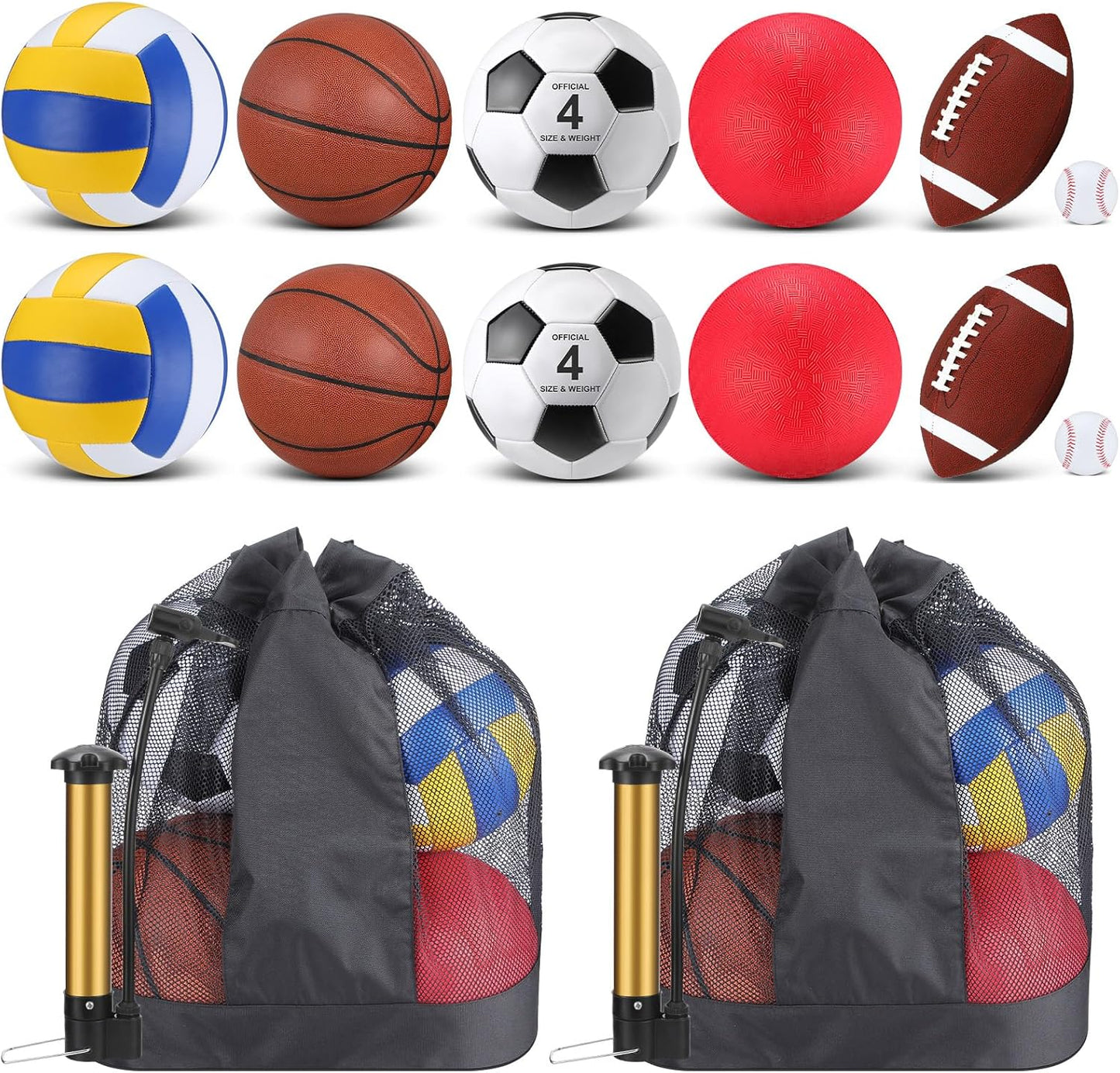 Deekin 12 Pcs Assorted Sport Ball Set Official Size Basketball, Football, Volleyball, Soccer, Baseball, Playground Ball with Bag and Pump Gift for Kid Youth Adult Back to School