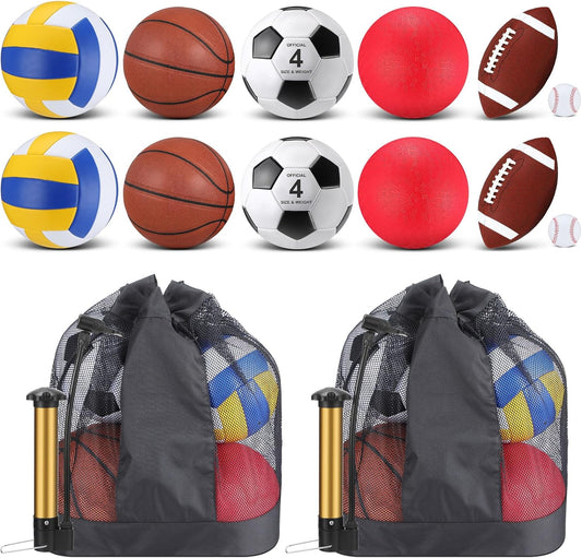 Deekin 12 Pcs Assorted Sport Ball Set Official Size Basketball, Football, Volleyball, Soccer, Baseball, Playground Ball with Bag and Pump Gift for Kid Youth Adult Back to School