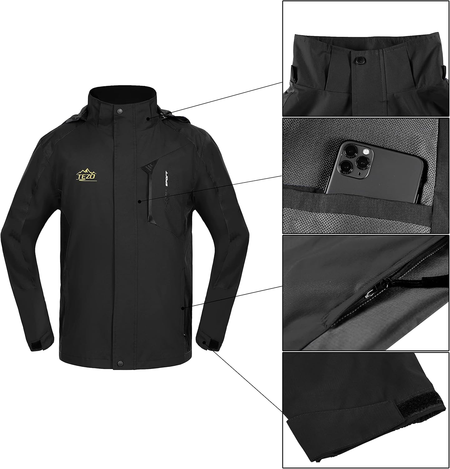 TEZO Mens Rain Jacket Waterproof with Hooded Hiking Coat Lightweight Windbreaker