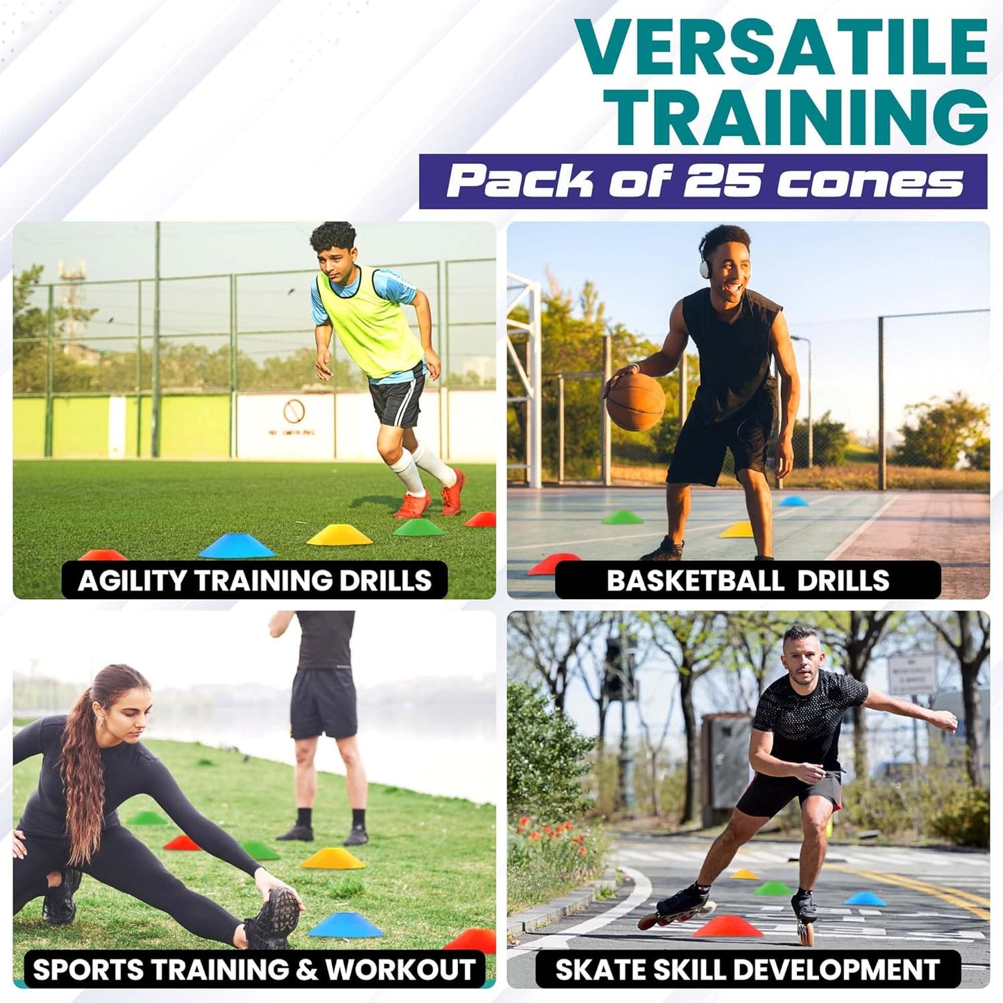 Training Soccer Cones 25/50/100 Pack with Carry Bag & Holder – 5 Colors – Agility Disc Cones Set Sports Practice Equipment for Soccer, Football, Basketball, Coaching & Speed